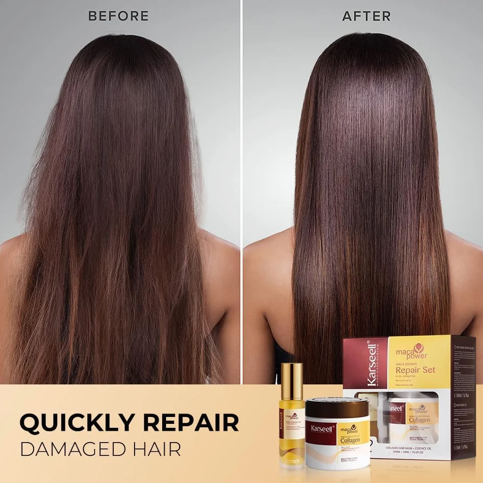 Karseell Maca Essenz Reparatur Set, Kollagen Haarmaske & Haaröl Tiefenreparatur Haarpflege für Trockenes Geschädigtes Haar Alle Haartypen 500ml + 50ml