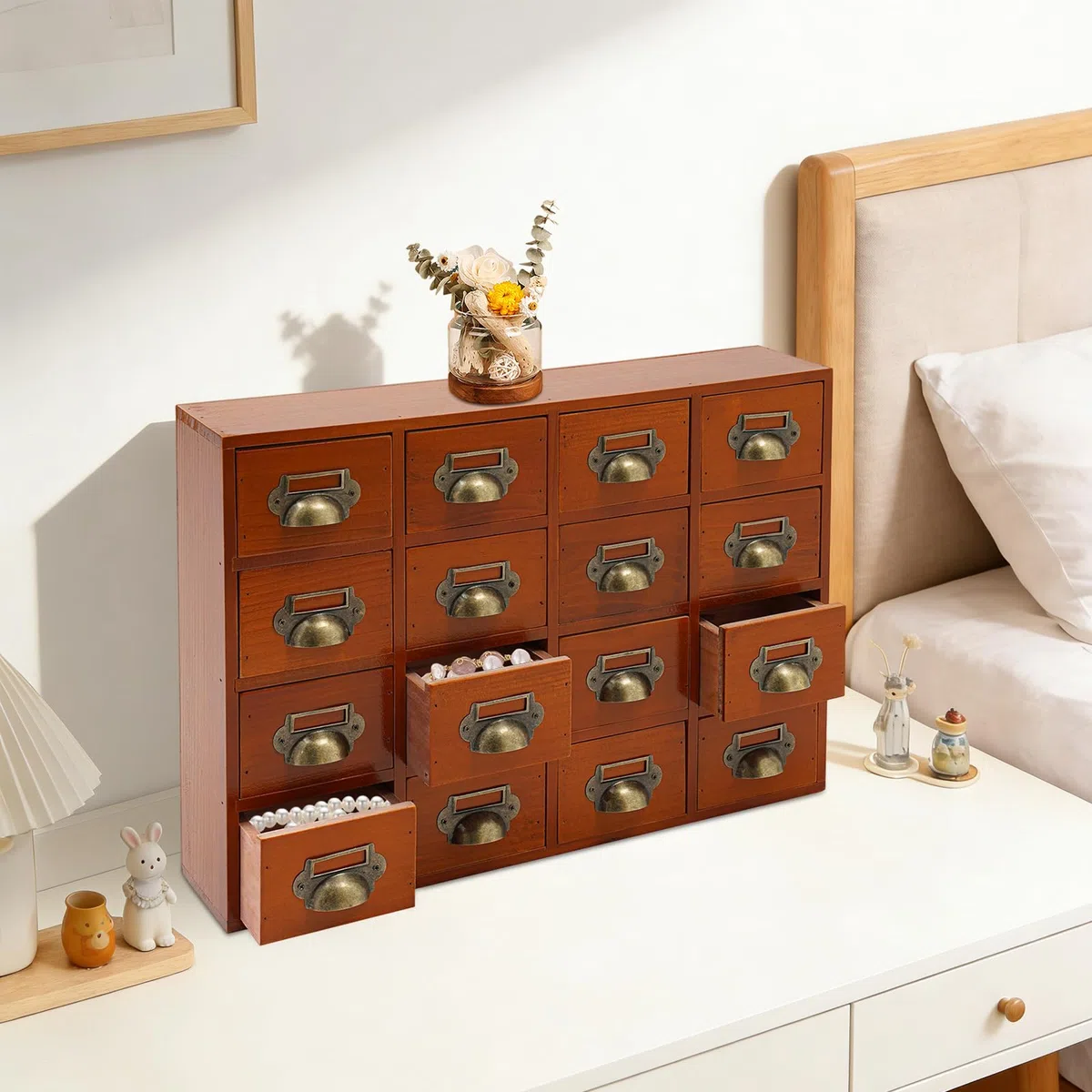 Schreibtisch Organizer 16 Schubladen Aus Holz, Kommode Mit Schubladen Für Schreibtisch & Büro, Organizer Schublade 50x10x35cm Mit Muschelgriff Für Kosmetik & Schmuck