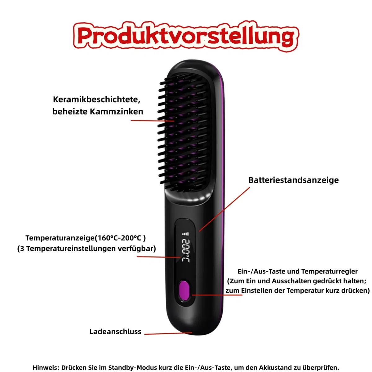 clinora Die ERSTE intelligente Syling-Bürste für kurzes Haar，Kabellose Glättbürste mit LED-Anzeige, 3 Temperaturstufen tragbare, wiederaufladbare Bürste Für Glätten und Locken