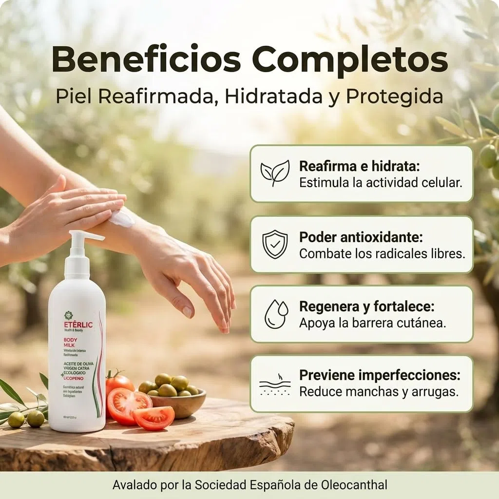 ETÊRLIC Body Milk 400ml Distrofarma – Kosmezeut­ische Körpermilch mit patentiertem ACEITEROL, Bio-Olivenöl und Centella Asiatica – Entzündungshemmend, Antioxidativ und Straffend für Reife, Trockene un