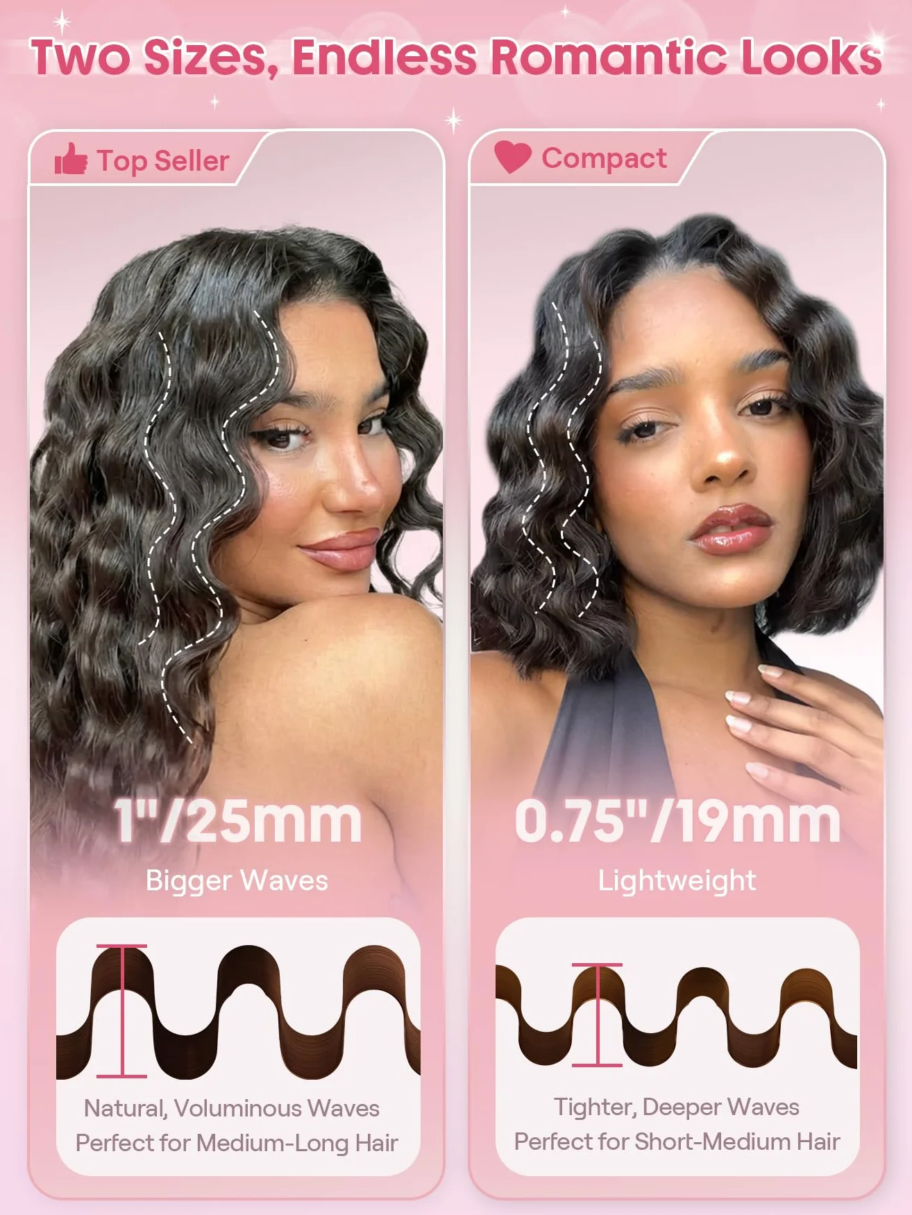 SHEGLAM Cupid's Charm Beach Babe Welleneisen für Haare 2 Barrel Kreppeisen mit Smart-Timer, einstellbarer Temperatur, Dual Voltage, Anti-Scald Lockenstab für Beach Waves & Mermaid Hair (25mm)