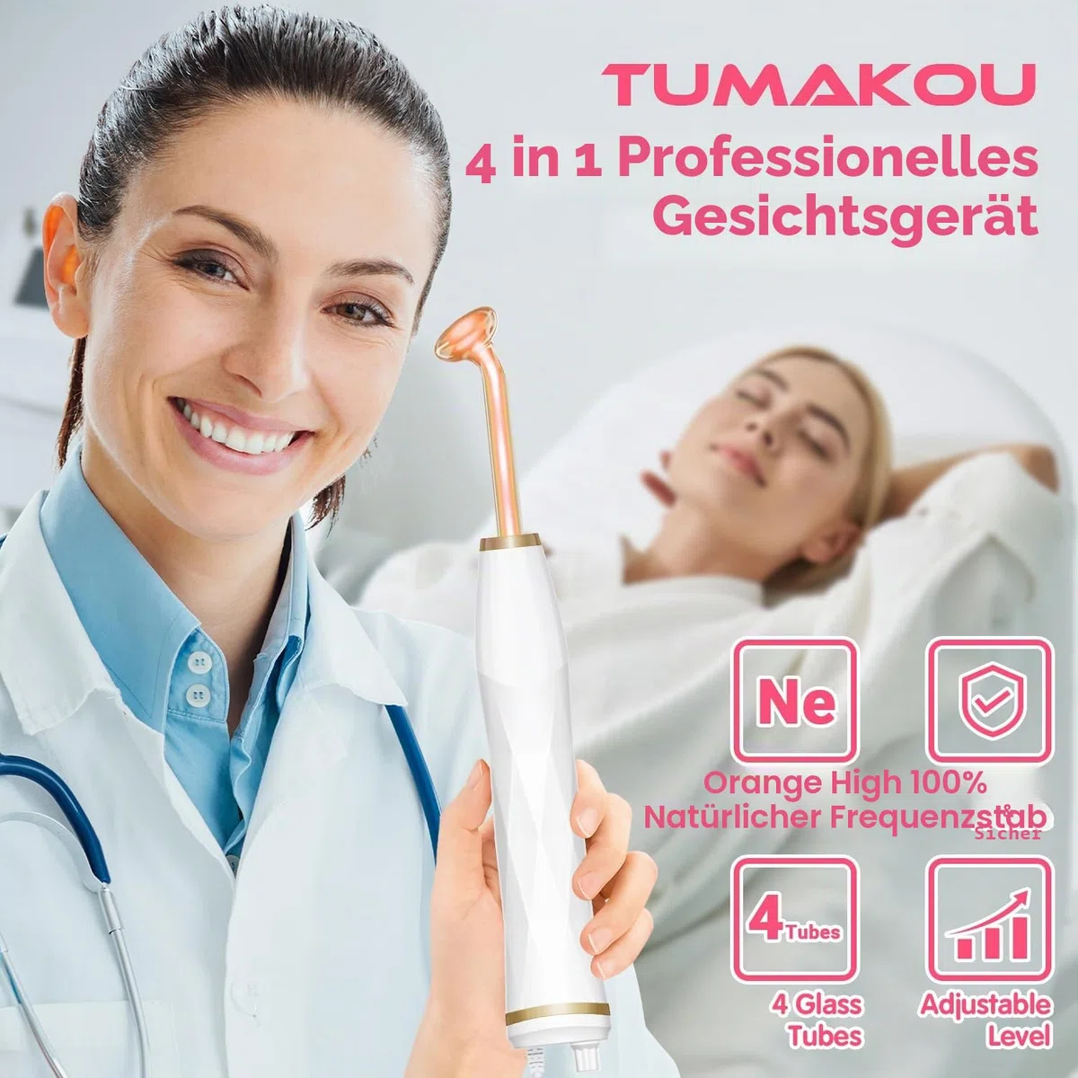 TUMAKOU Hochfrequenzstab Gesicht - Hochfrequenz Gerät mit 4 Stab