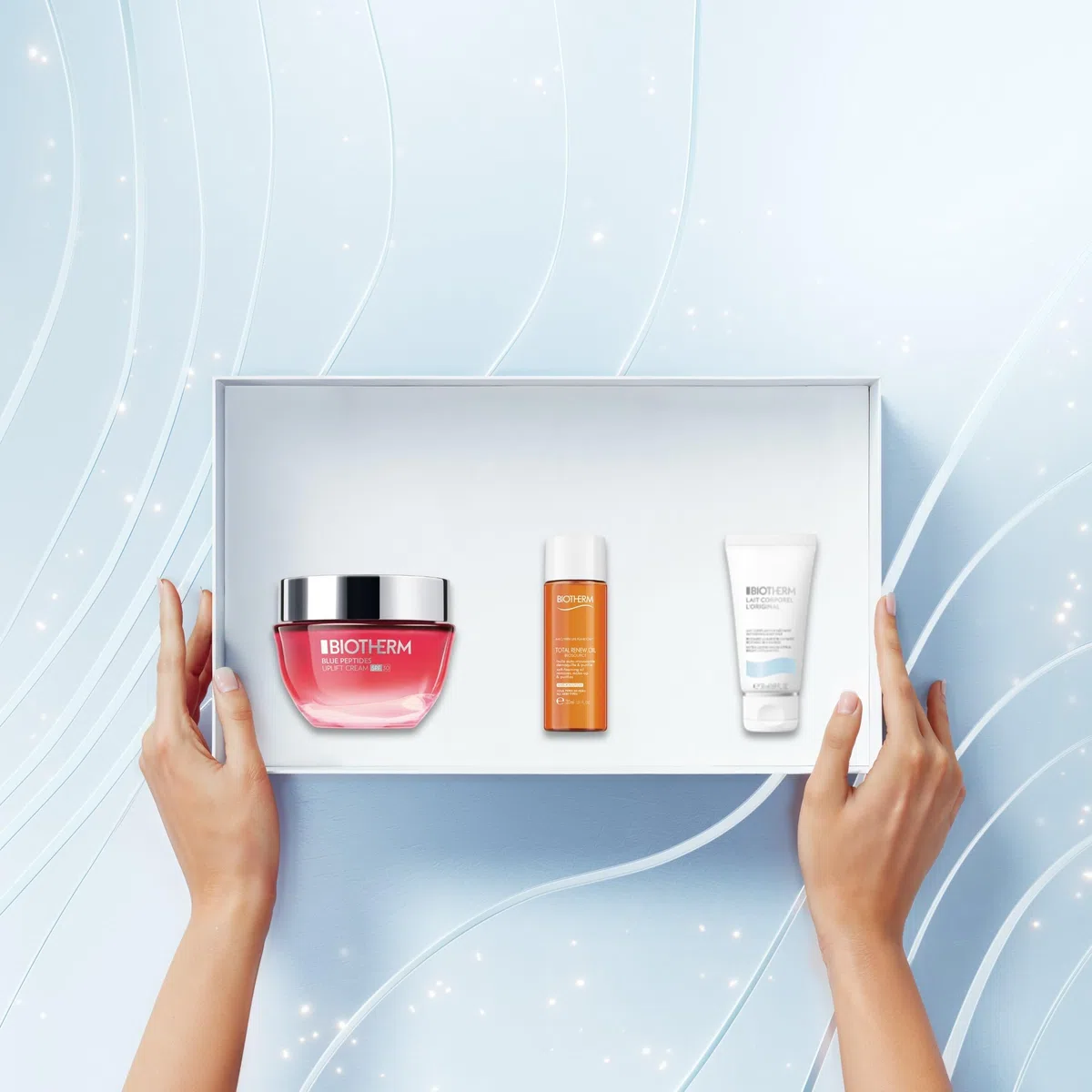 Biotherm Blue Peptides Uplift SPF 30 Set (Uplift Cream 50ml, Total Renew Oil 30ml & Lait Corporel 50ml), 3-teiliges Anti-Aging Pflege-Set für reife Haut, straffende & schützende Körperpflege