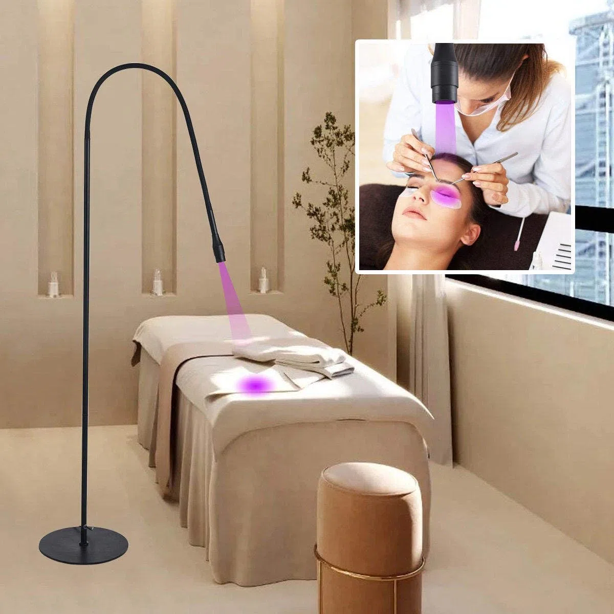 UV-Licht für lichthärtenden UV-Wimpernkleber, UV-Wimpernlampe für Wimpernverlängerungen + Augenklappe + Schutzbrille + Fußschalter, Kleber härtet in 1–3 Sekunden aus,Black