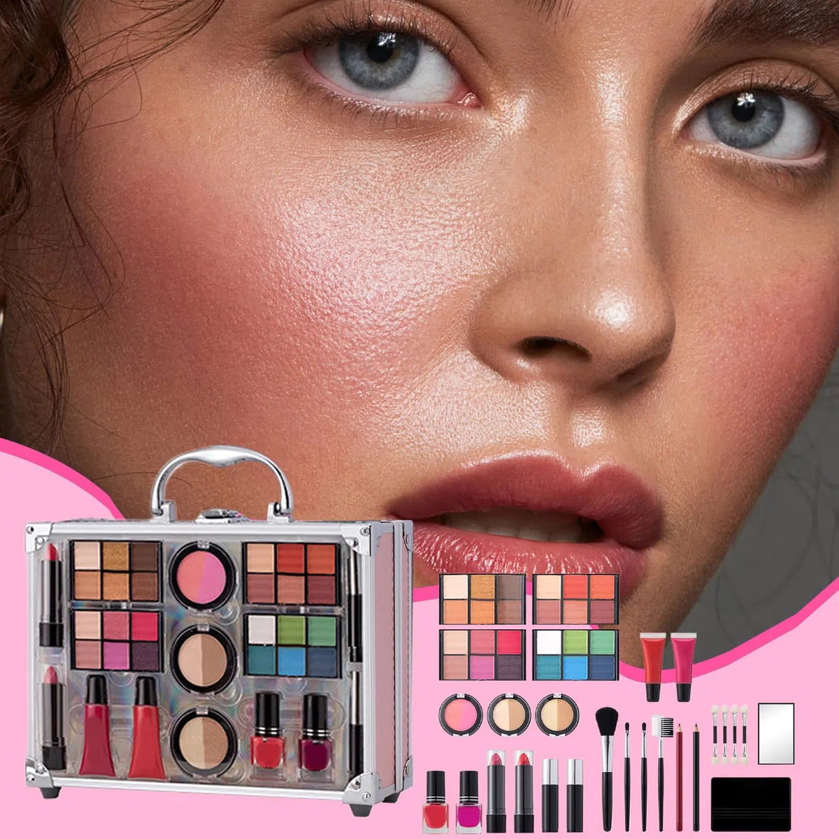 Make-up-Set für Frauen Wasserfester Lidschatten, Lippenstift, Rouge | Komplettes Make-Up-Set für Zuhause Reisen Büro Geschäftsreisen Bühnenauftritte Veranstaltungen Partys Ausgehen