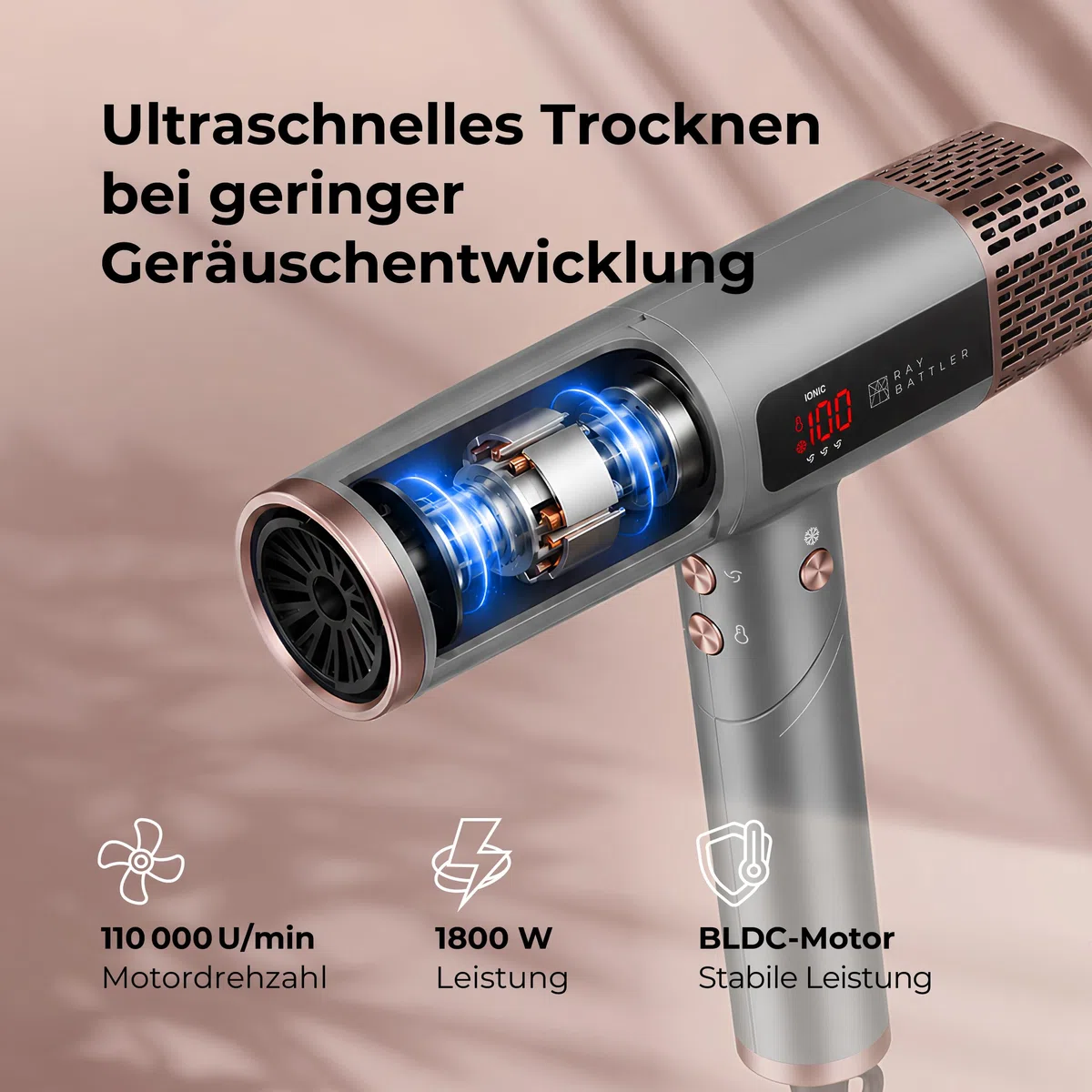 Föhn mit Diffusor, 1800 W Ionen-Haartrockner mit BLDC-Motor, klappbarer High-Speed-Fön, 110.000 U/min, LED-Display, 4 Temperaturstufen, 3 Luftstufen, Kaltluft, 2 Stylingdüsen
