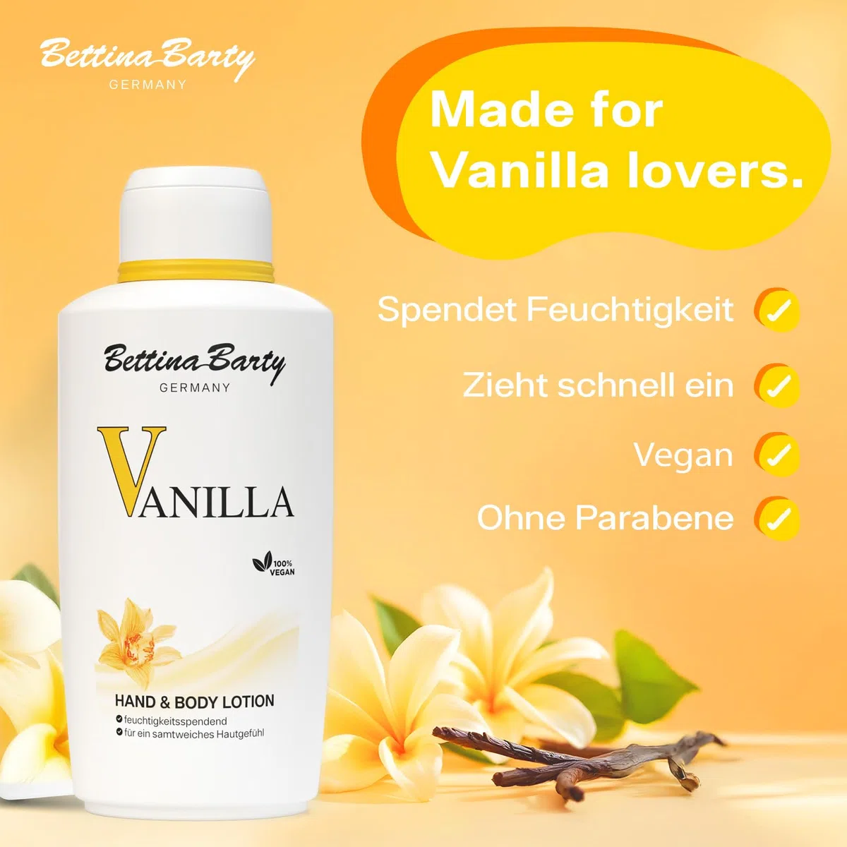 Bettina Barty Vanilla Hand & Body Lotion 12 x 500 ml – Feuchtigkeitspflege mit Vanilleduft für Haut & Hände – Für trockene Haut – Mit schnell einziehender Formel