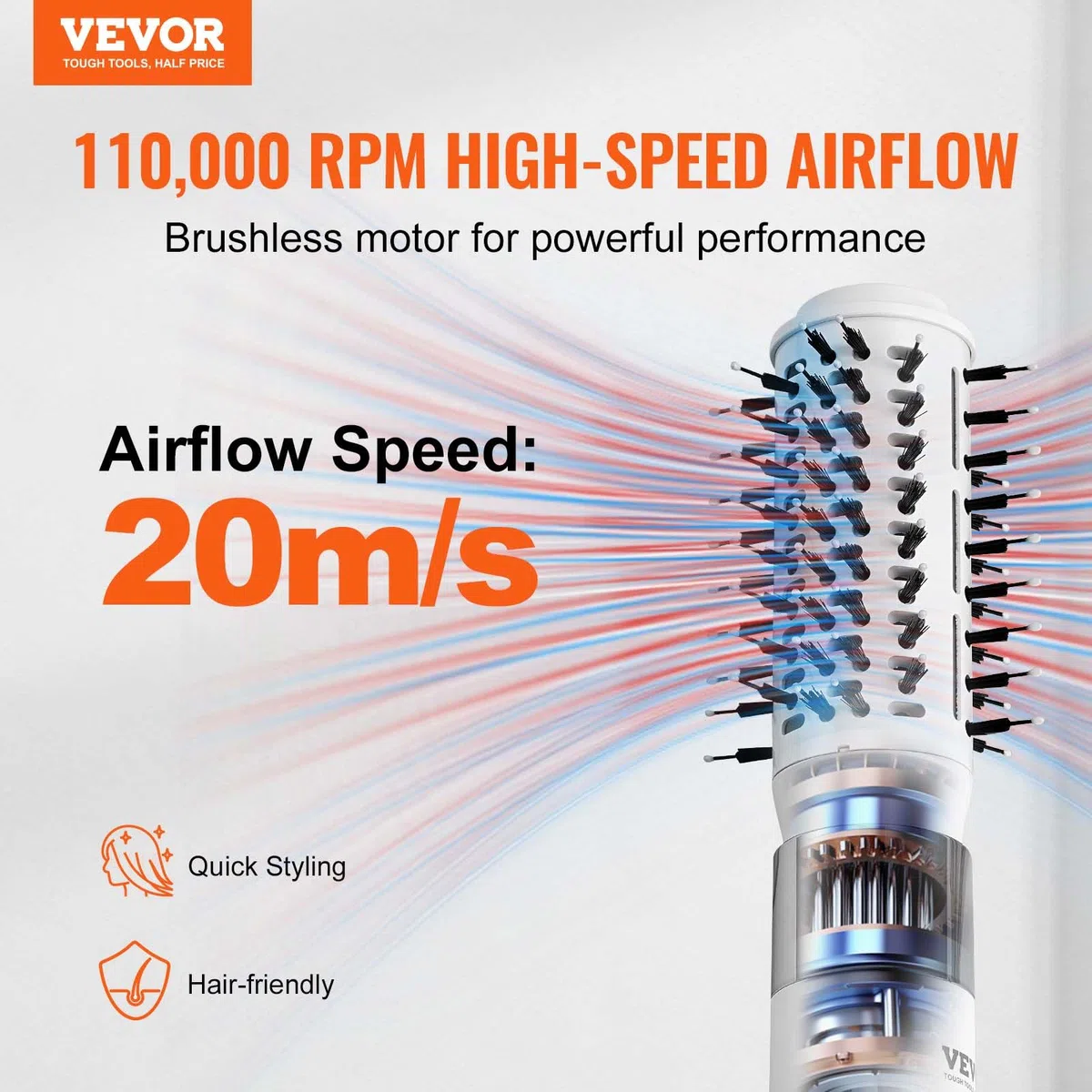 VEVOR Haartrockner, Ionen-Haartrocknerbürste, 110.000 U/min Airstyler mit Oval- & Paddelbürste, 4 Temperatur- & 3-Geschwindigkeits-Föhnbürsten-Styling-Tool für Trocknen, Volumengebendes Glätten