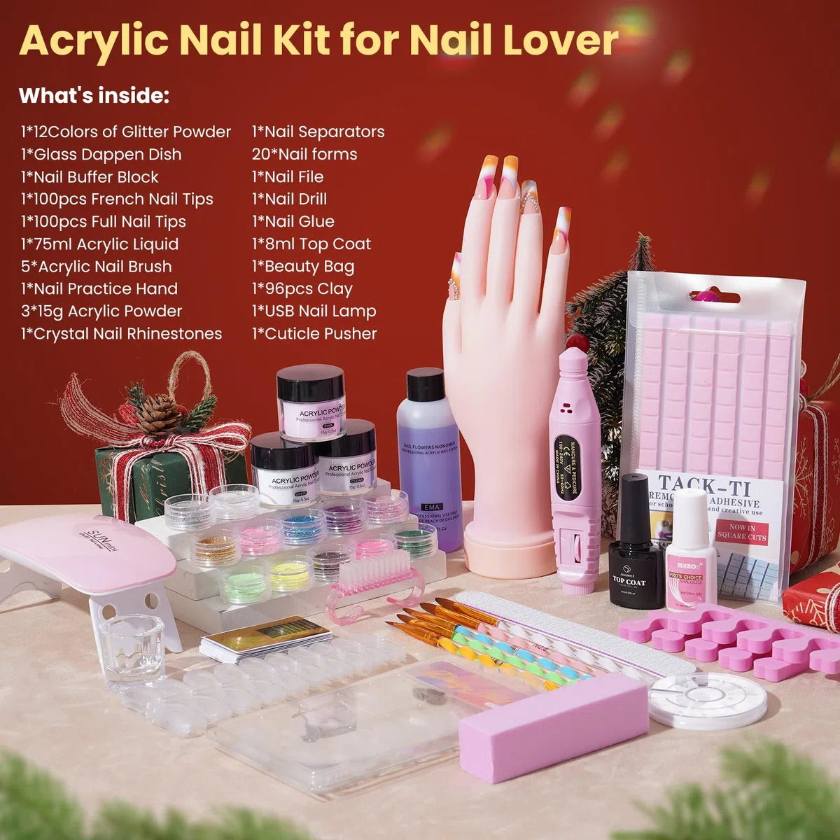 Yokilly Acryl Nagelset Starterset für Anfänger: Acryl Pulver Nails Nägel Starterset mit Acrylpulver für Nägel Übungshand UV Lampe Nagelfräser - Nägel Selber Machen Nagelstudio Set