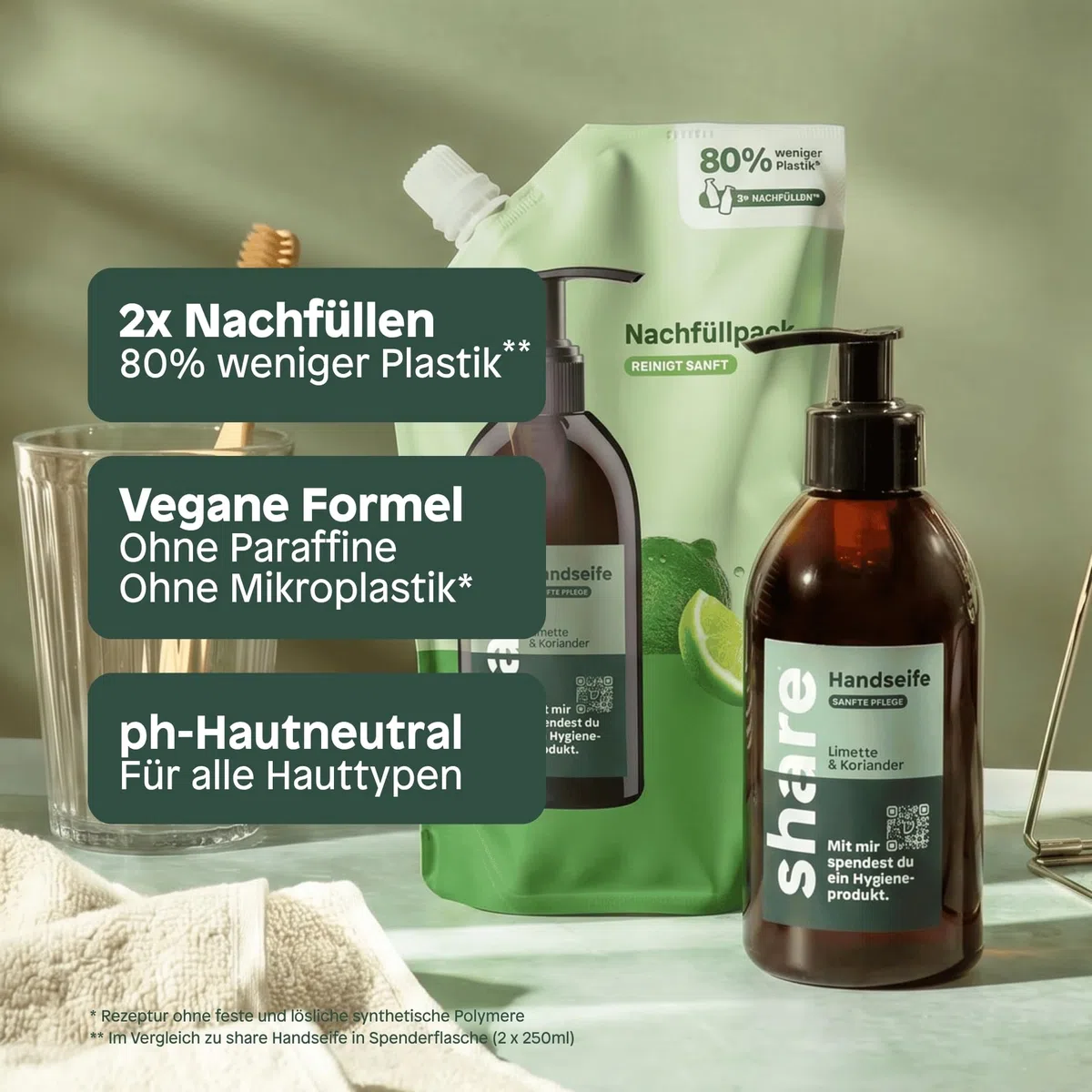 share Flüssigseife Nachfüllpack Limette & Koriander (6x500ml) | Sanfte Reinigung, Vegan, pH-hautneutrale flüssige Seife mit ätherischen Ölen – Jeder Handseife Nachfüllbeutel spendet