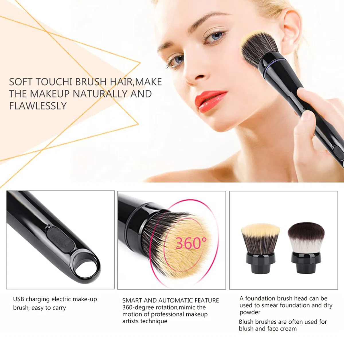 Elektrisches Make-up-Pinsel-Set mit Kabuki Foundation- und Concealer-Pinsel, Automatisch Rotierender Pinsel für Flüssige Foundation und Rouge, 2 Stück Aufsätze für Präzise Anwendung