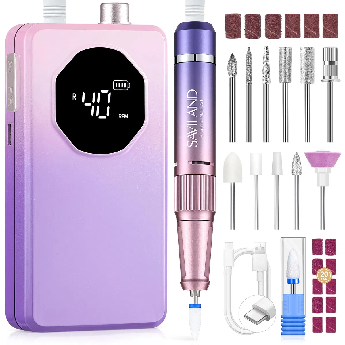 SAVILAND Nagelfräser Professionell 40000 U/min, 12 in 1 Tragbare Wiederaufladbare Elektrische Nagelfeile für Acrylnägel Gelnägel mit LCD-Display, Maniküre Pediküre Verlauf Lila