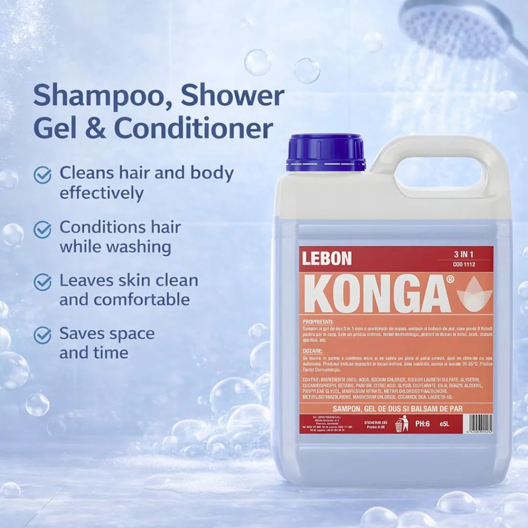 Konga 3-in-1 Duschgel: Shampoo, Duschgel & Haarconditioner | Parfümfrei | Für Lebensmittelindustrie & Gewerbe | Hautfreundlich | Schützt vor Austrocknung | 5L