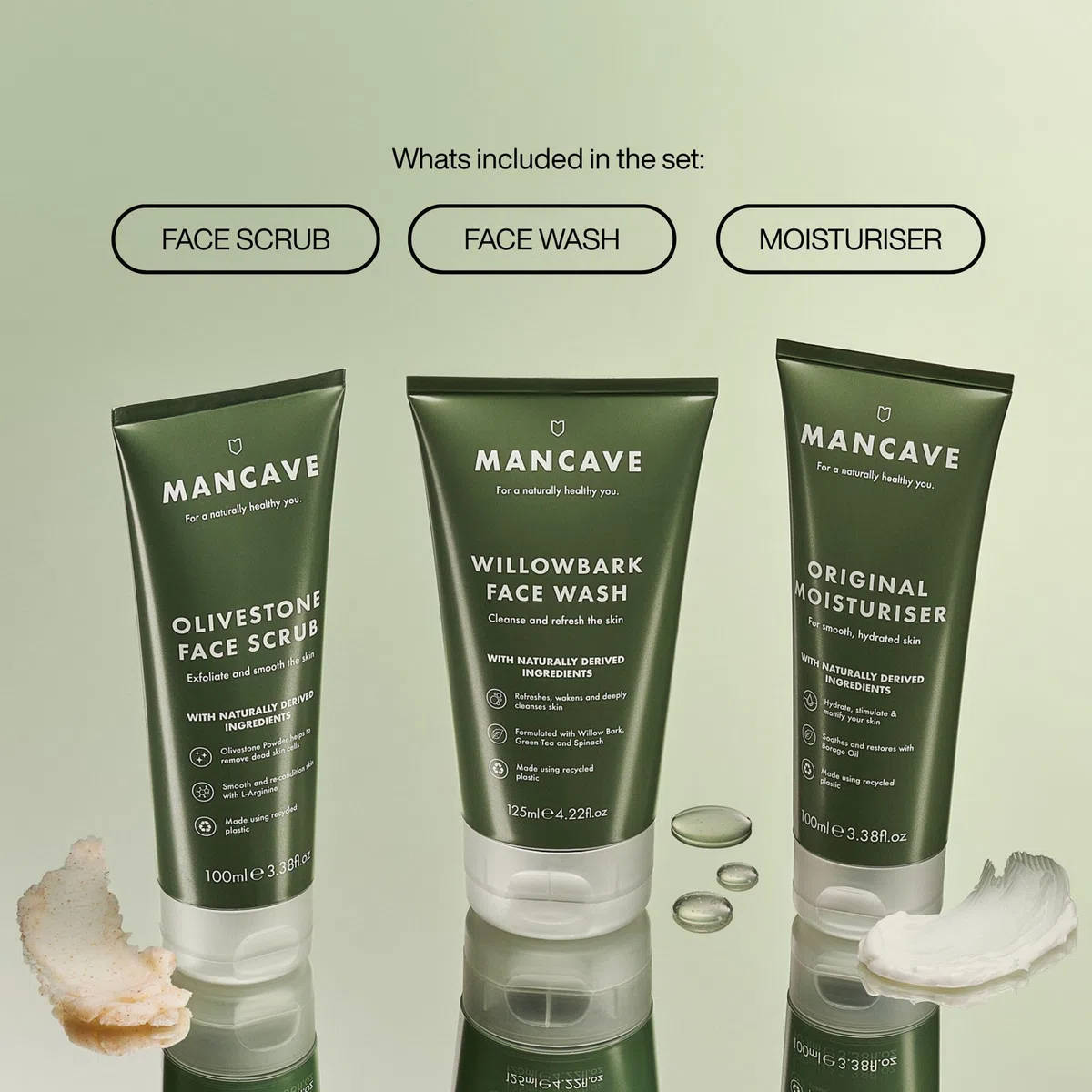 ManCave Gesichtspflege Set Herren 3-Teilig - Geschenkset Männer mit Waschgel, Peeling & Feuchtigkeitscreme - Natürliche Hautpflege Männer - Vegan - Pflegeset Geschenk