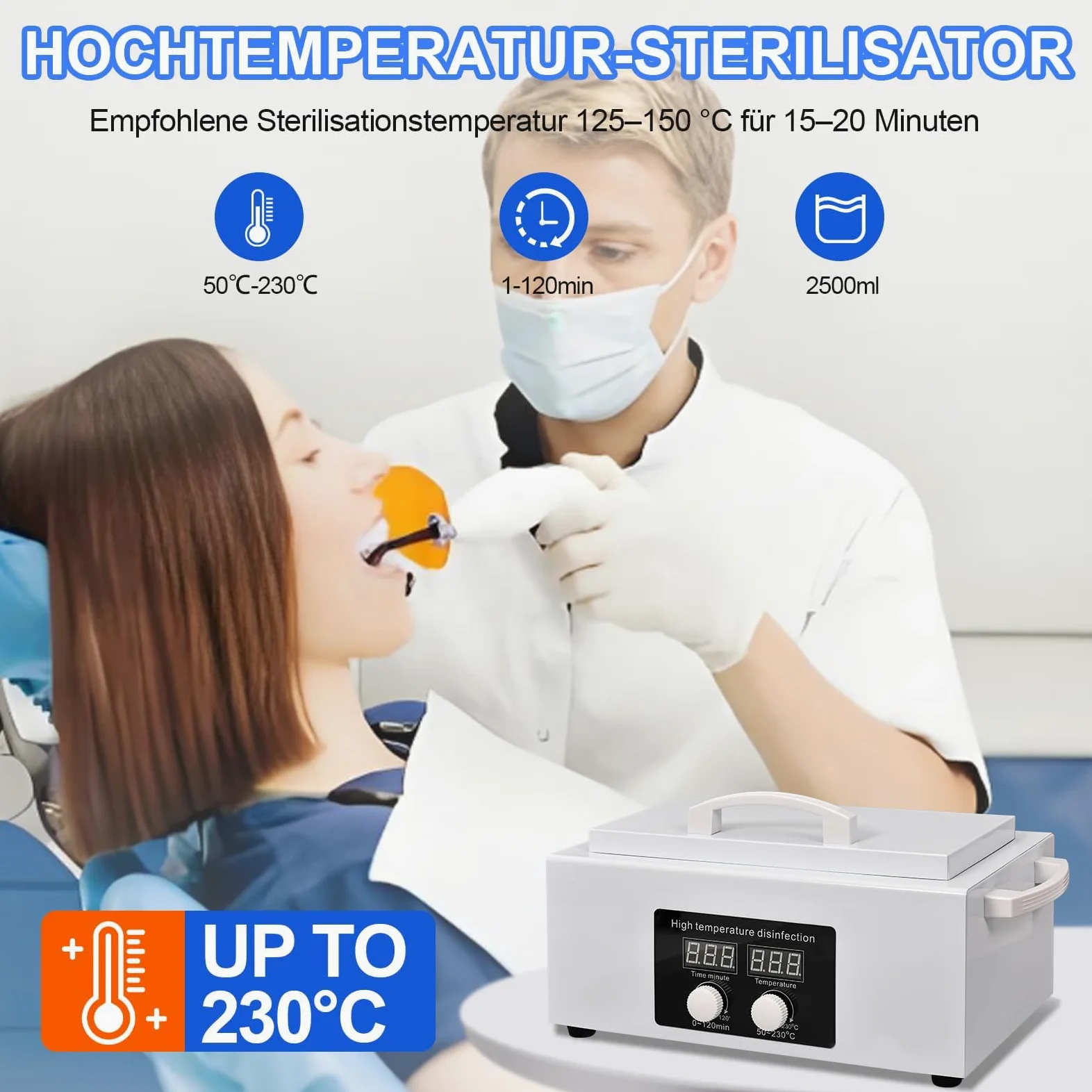 300W Heißluftsterilisator Desinfektion mit Hochtemperatur-Trockner & Timer | Sterilisator für Werkzeuge & Tücher | Ideal für Zahnarzt, Labor, Beauty-Salon & Nagelstudio