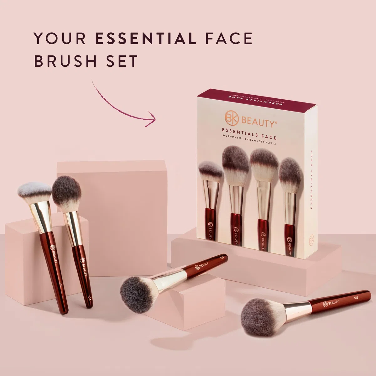 BK BEAUTY Essentials Gesichtspinsel-Set (4PC), 100% tierversuchsfrei, vegan, weichstes Make-up-Pinsel-Set mit 4 Gesichtspinseln