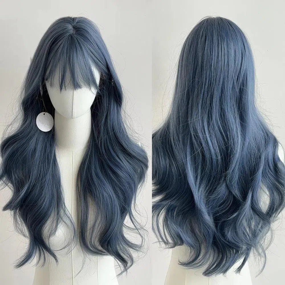 Haarpflege 24 Zoll Blaue Lockige Wellenperücke Hitzebeständige Haarpartyperücken Für Frauen
