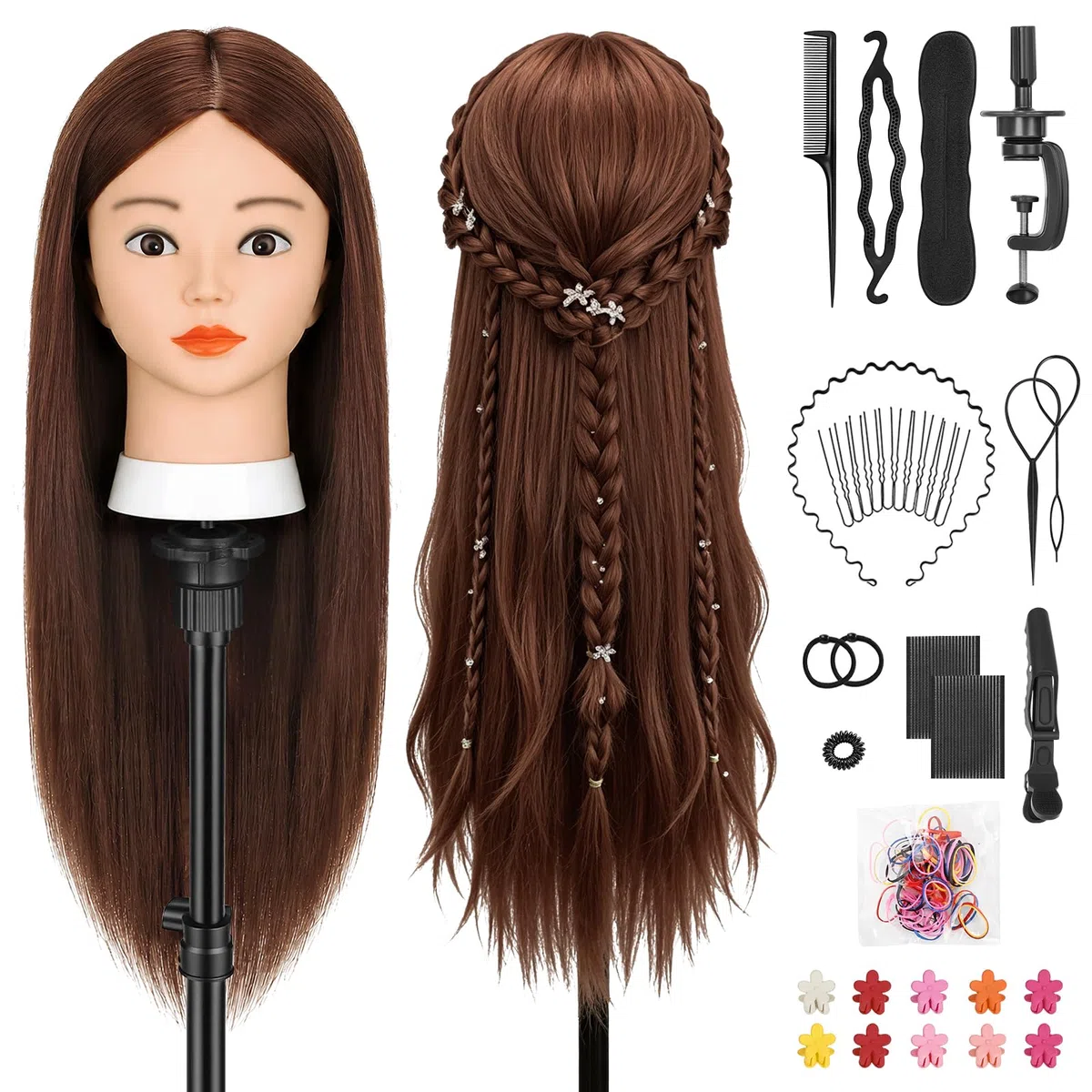 TwoWin Friseurkopf mit Haaren 26 Zoll 66 cm 80% Echthaar Mannequin Kopf Trainingskopf für Styling Friseurpraxis Dunkel Braun