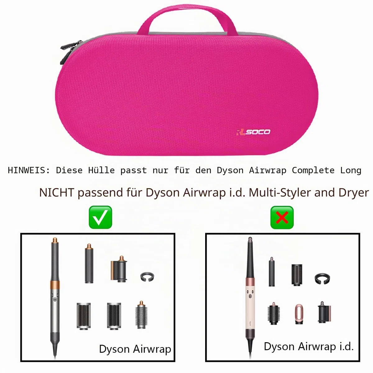 RLSOCO Hartschalen-Schutzhülle für Dyson Airwrap Complete Long/Complete Styler HS05 HS01 – passend für 4 Lange oder Kurze Fässer, Pink (nur Hülle, Haarstyler ist Nicht im Lieferumfang enthalten)