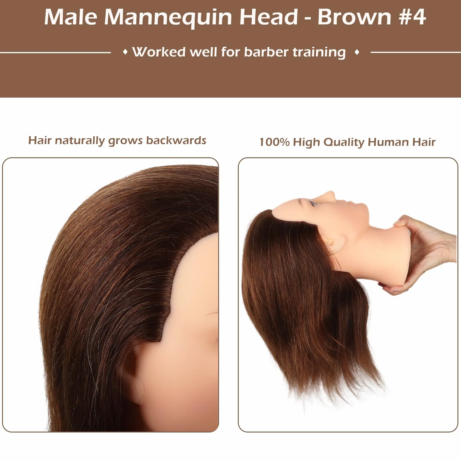 Mann Frisierkopf 100% Echthaar, Frisurenkopf Männlicher Haarschnitt Übungskopf mit Braun Haar, Friseur Kopf Mannequin Head Puppenkopf mit Tischklemme (35 cm)