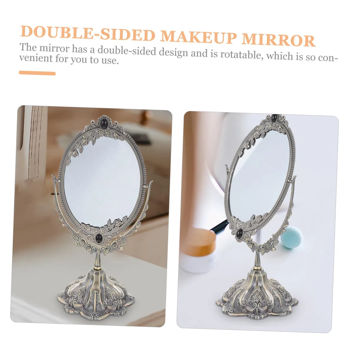 OUNONA Doppelseitiger Tischspiegel aus Zinklegierung im Retro Design | Drehbar, Flacher Standfuß, Hohe Auflösung, Europäischer Stil, Elegant für Hochzeits und Make Up Nutzung