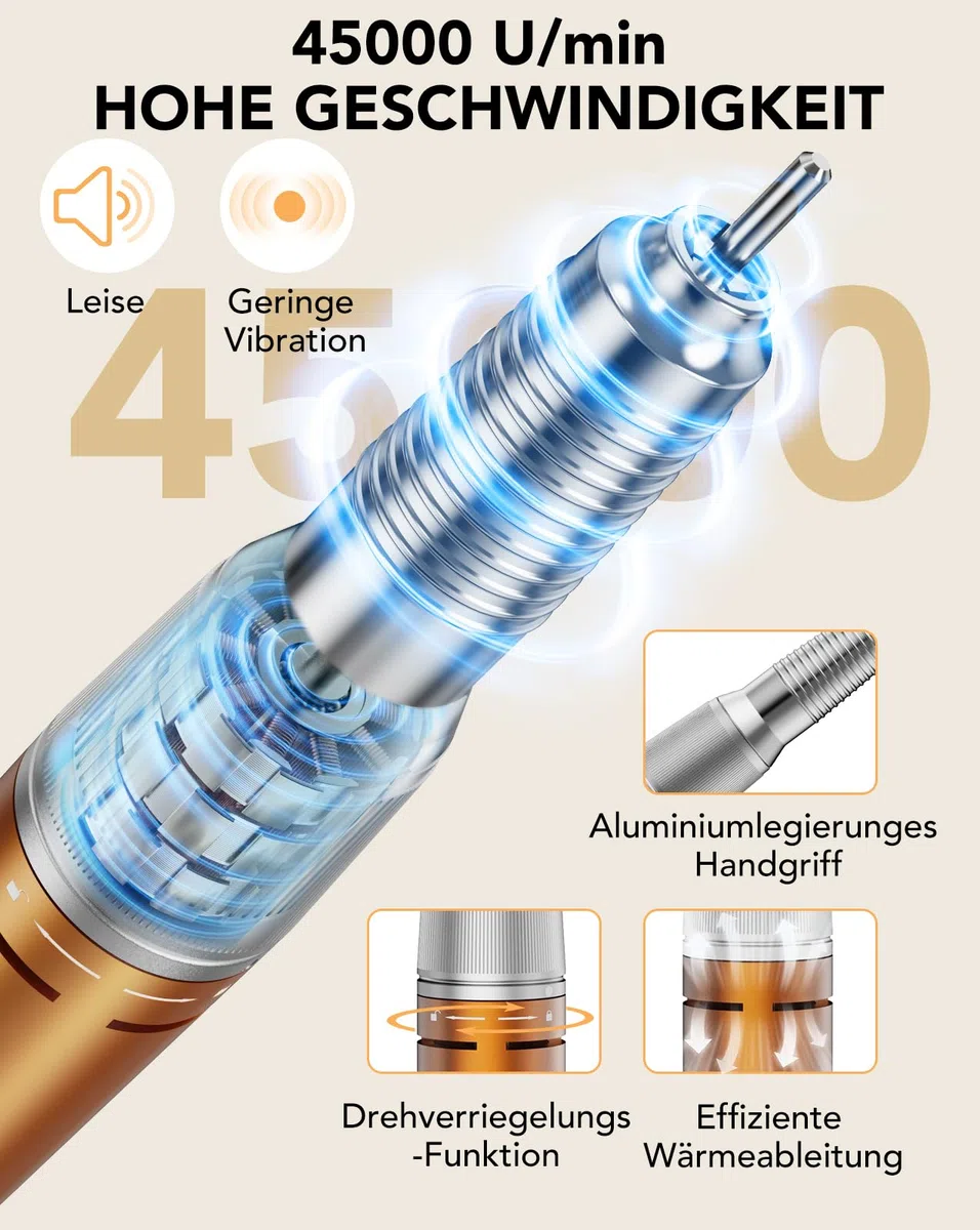 HOMEASY Nagelfräser 45.000 U/min LCD Fußpedal Netzbetrieb Orange | LCD Anzeige mit Netzbetrieb und Fußpedal für Acryl- und Gelnägel.