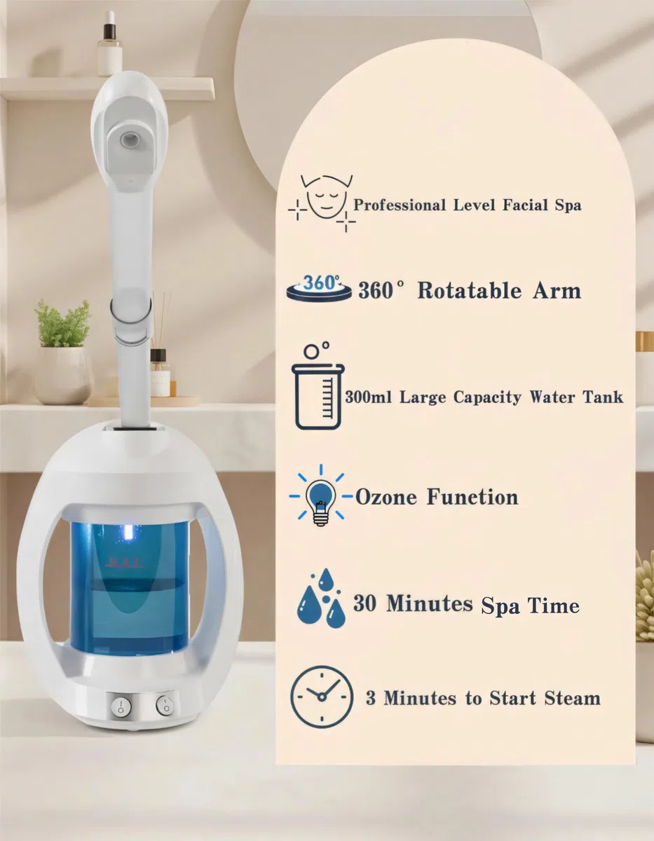 Gesichtsdampfgarer, Gesichtsdampfer für Kosmetiker und Nano-Ionen, tragbarer Ozon-Haar-Dampfgarer, professioneller Gesichtsdampfer für Zuhause, Gesichtsspa, Weiß