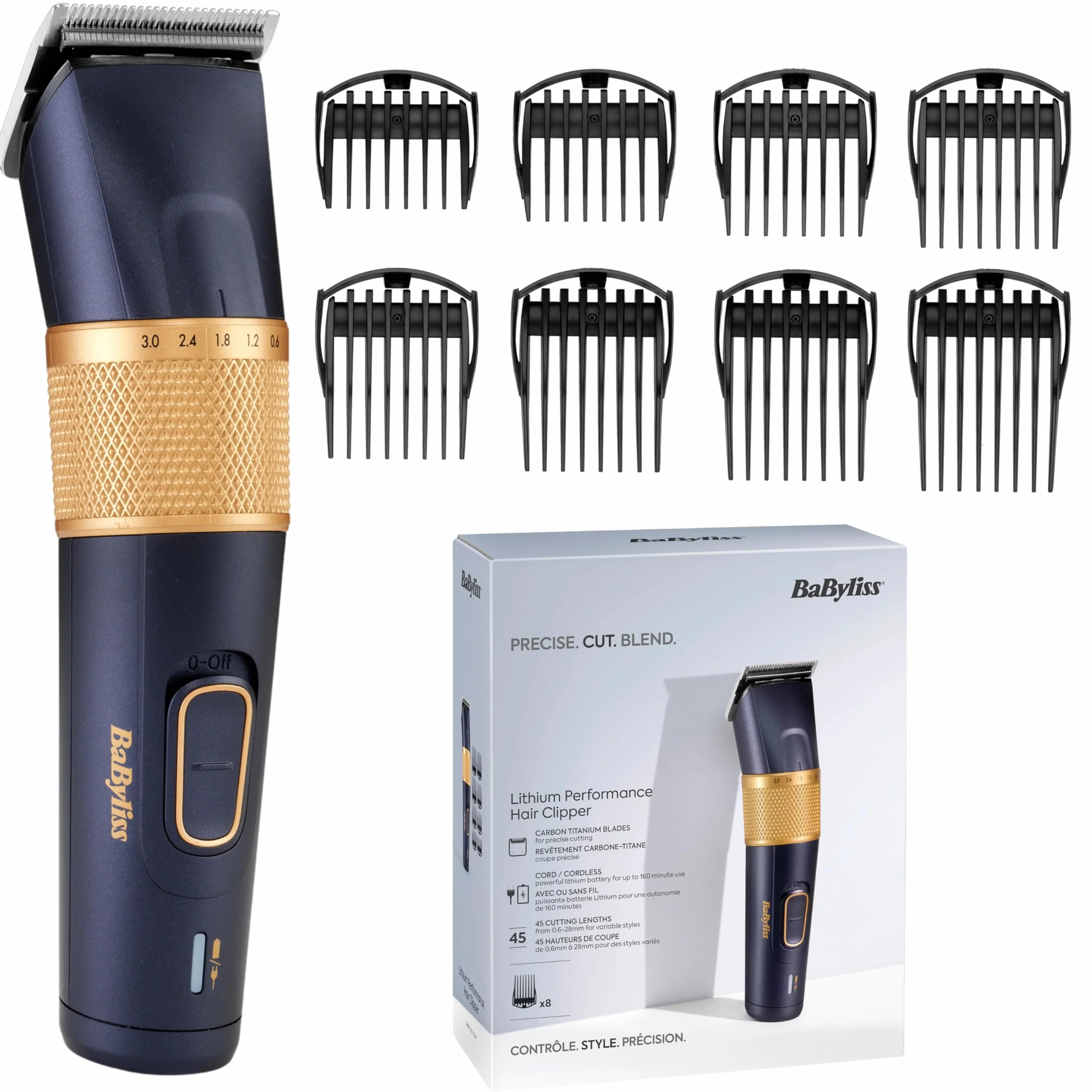 BaByliss Lithium Performance Haarschneider E986E – Kabelloser Profi-Haarschneider, 45 Längeneinstellungen (0,6–28 mm), Lithium-Akku, Dunkelblau/Gold