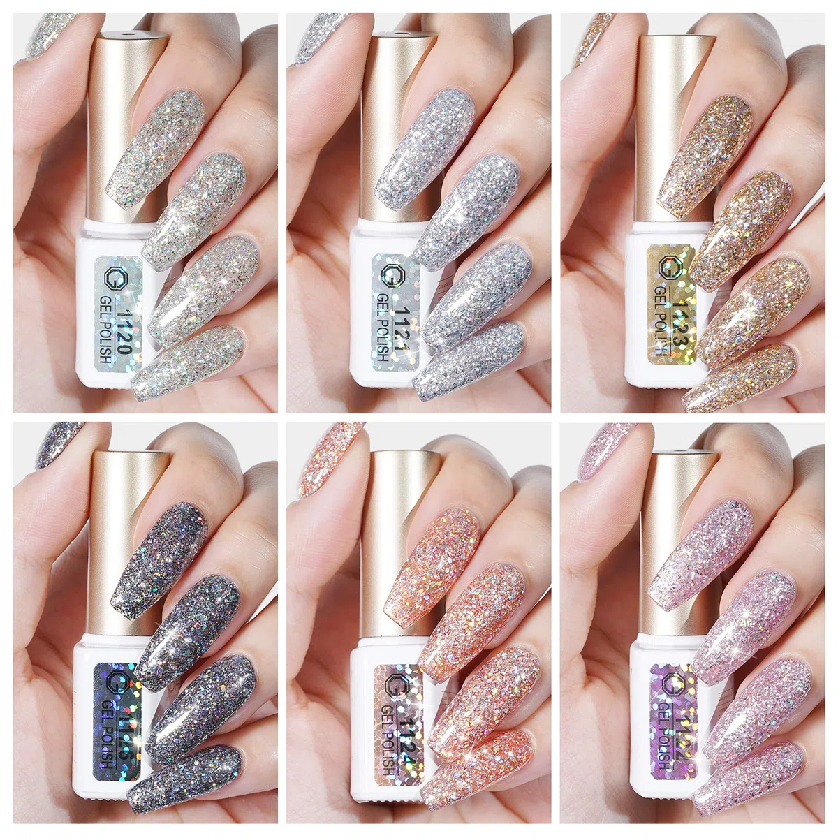 GAOY Chrom-Platin-Glitzer-Nagellack-Set, 6 Farben, einschließlich funkelnder, glänzender UV-LED-Soak-Off-Gellack, Schwarz, Silber, Rosa, Maniküre, Nagelstudio-Lack