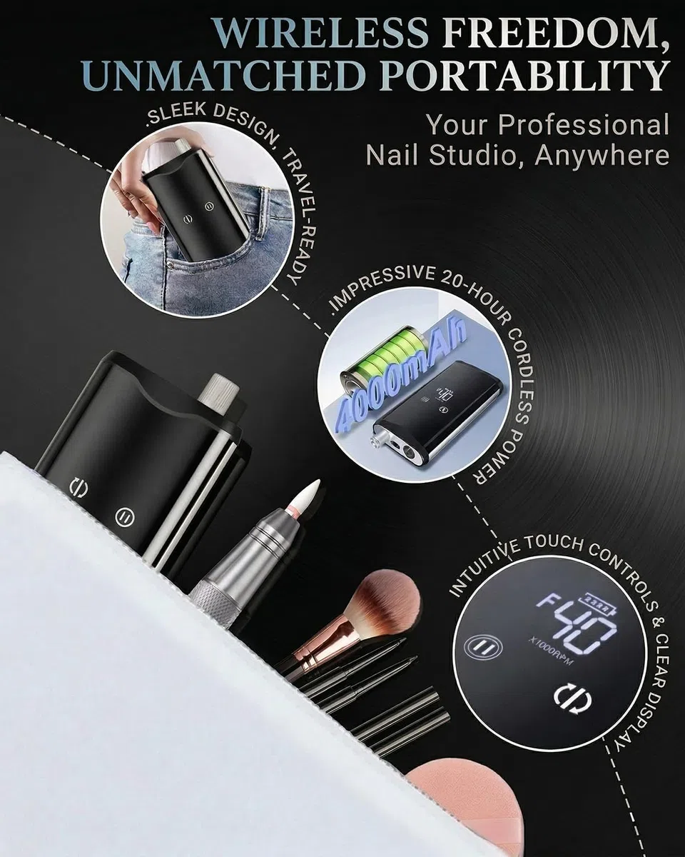 Kabellose Elektrische Nagelfräser mit Coreless Motor 40000 U/min | Coreless Motor, 40000 U/min, bis zu 20+h Akku, Kabellose, LCD-Touch-Display, Aluminiumlegierung