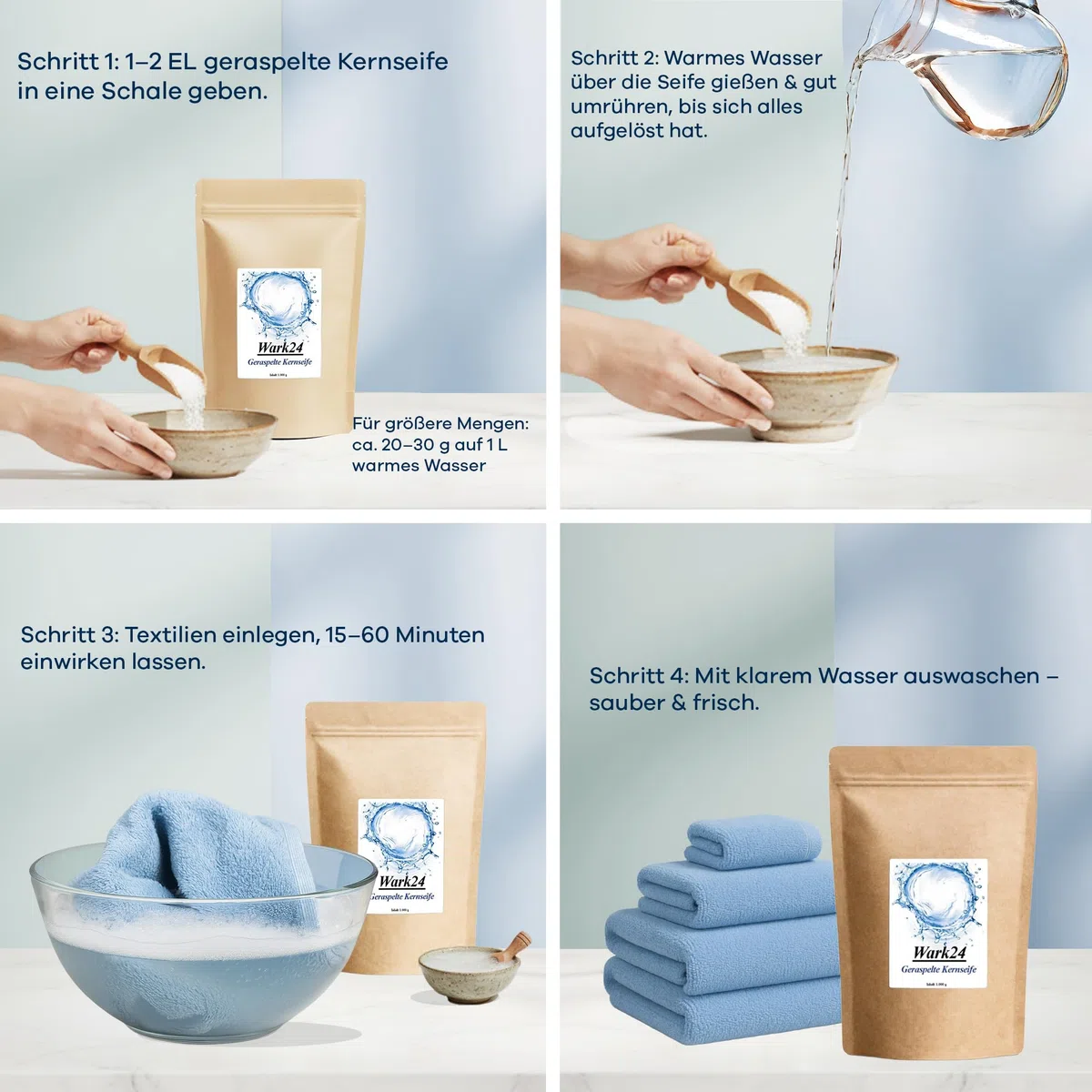 Kernseife geraspelt 6 x 1kg im Beutel, Seifenflocken ohne Palmöl, Farb- und Konservierungsstoffe, umweltfreundliche Seife für empfindliche Haut