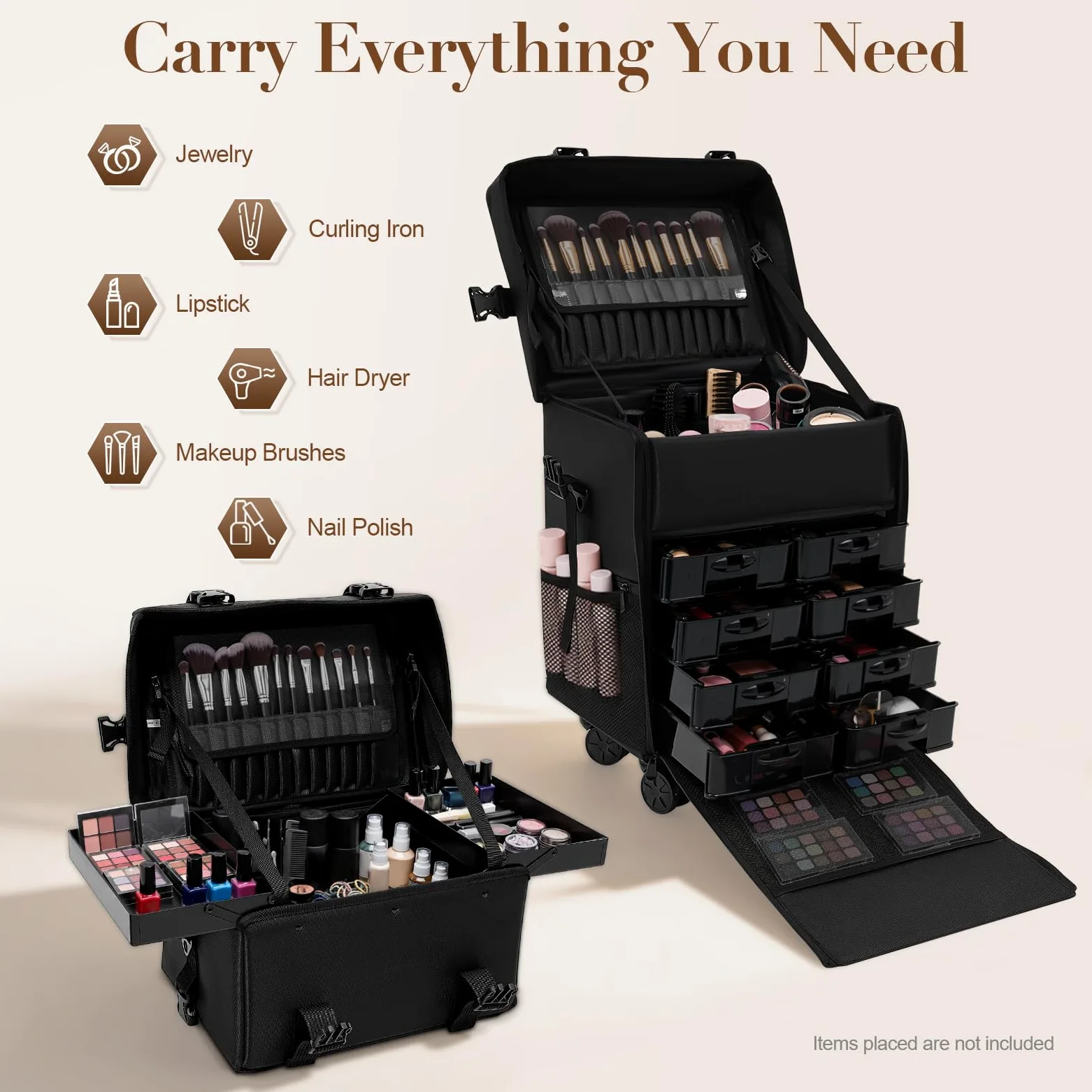 2 in 1 Kosmetikkoffer, Abnehmbarer Kosmetikkoffer Trolley mit Rollen und Deichsel, Professioneller Schminkkoffer für Hairstylisten, Kosmetiker, Make-up-Künstler