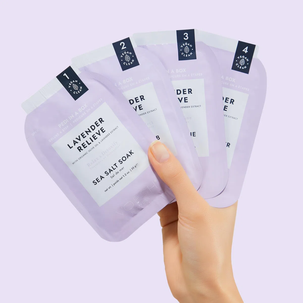 VOESH Pedi Moments Lavender Relieve – 4-Schritte Pediküre - Salzbad, Peeling, Schlammmaske, Massagebutter & Dual-grit Nagelfeile - Enthält 2 Sets