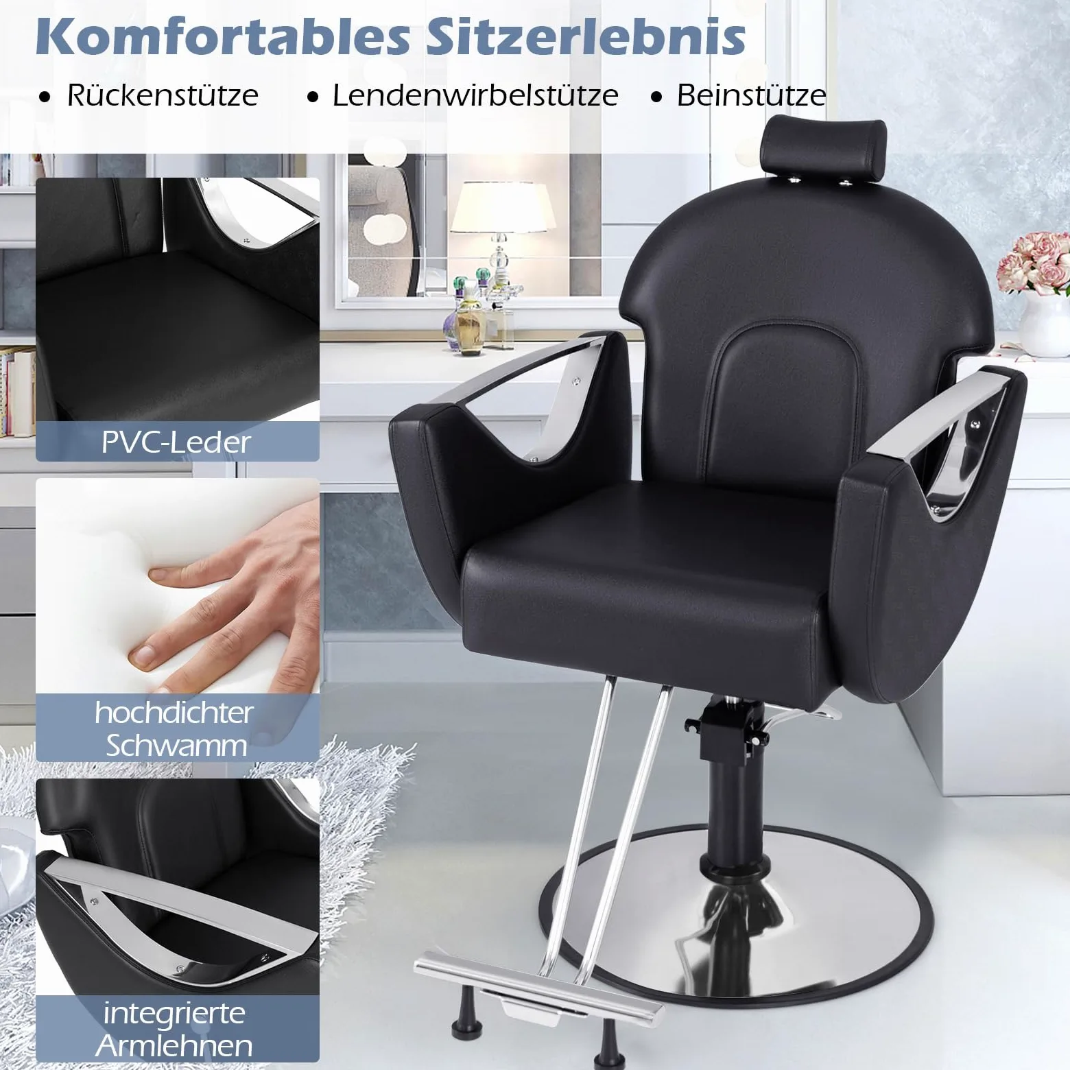 COSTWAY Friseurstuhl höhenverstellbar 360° drehbar mit Kopfstütze & Hydraulikpumpe bis 150kg belastbar schwarz
