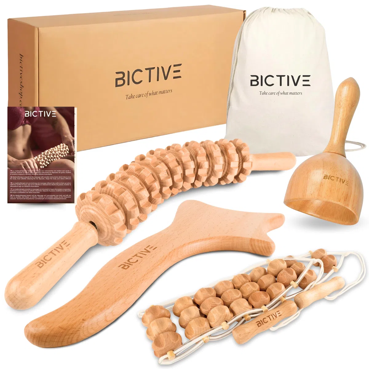 Maderotherapie Set 4 in 1 Professionelle Qualität. Faszienstab Holz, Anti Cellulite Massagegerät für Beine und Körper. Faszienrolle und Massagestab Holz. Lymphdrainage Gerät aus Buchenholz.