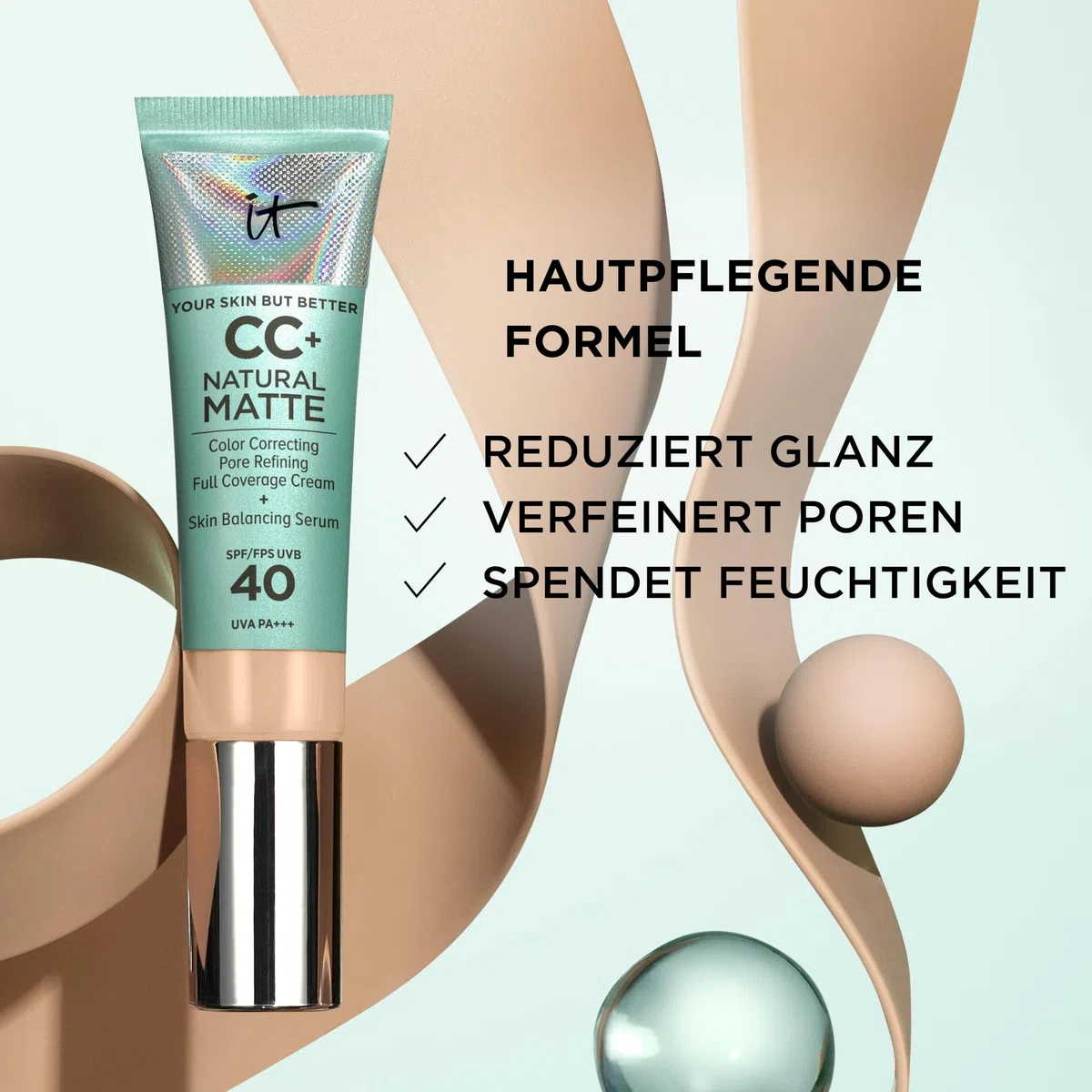 IT Cosmetics Your Skin But Better CC+ Cream Natural Matte LSF 40, 32 ml, Glanz reduzierende, farbkorrigierende und pflegende Foundation mit LSF 40, Getönte Gesichtscreme