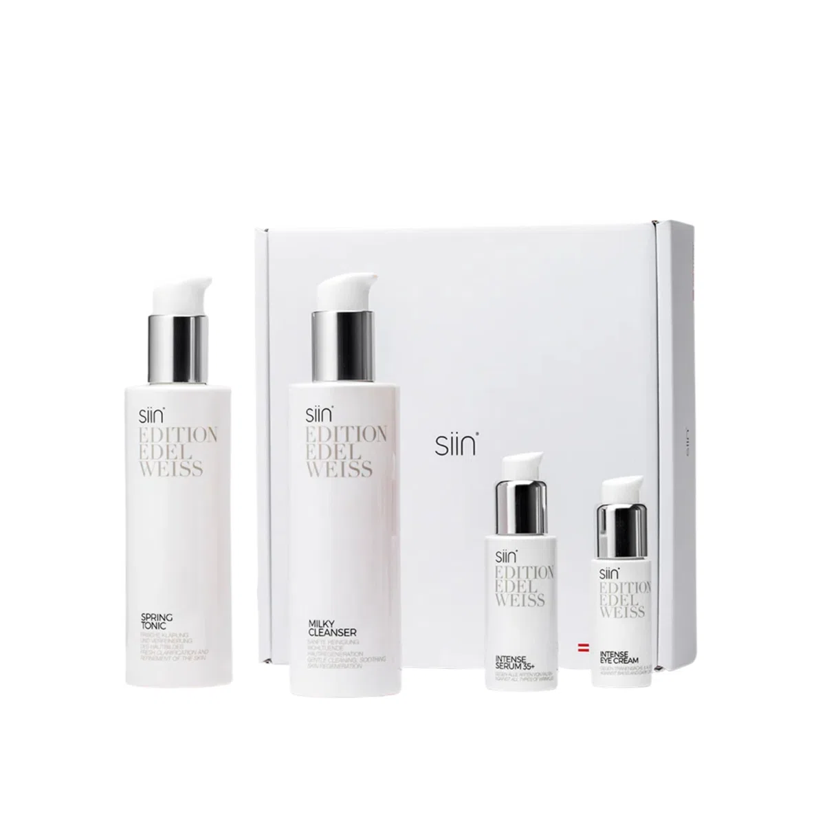 siin ALLIN Box 35+ - intensive Gesichtspflege mit Anti-Aging Effekt - rundum Gesichtspflege gegen Falten - Cleanser, Gesichtswasser, Anti-Aging Serum & Augencreme - gegen Mimikfalten & Alterungfalten