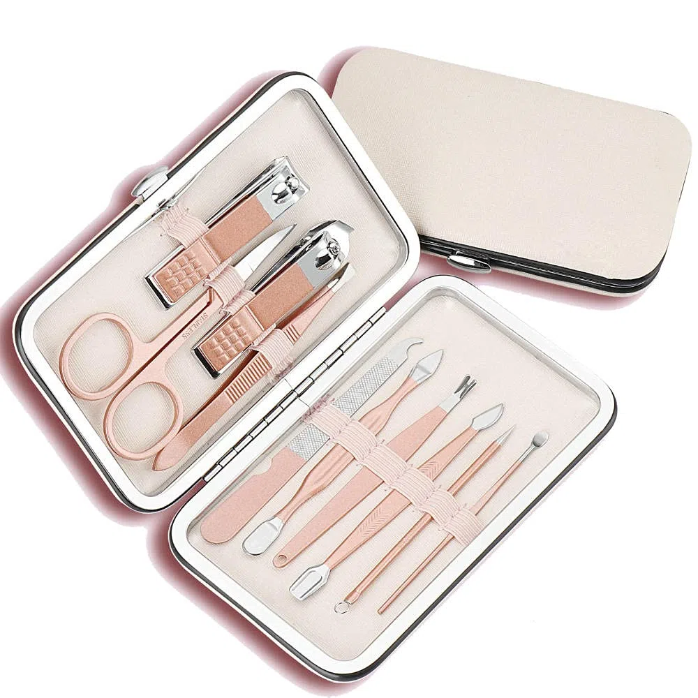 Professionelles Nagelknipser-Set, 7-18-teilig, scharfer Nagelschneider aus Edelstahl, Pediküre- und Maniküre-Set mit Cortex-Metallgehäuse für Männer und Frauen, Silber, 10-teiliges Set (Rosa 10)