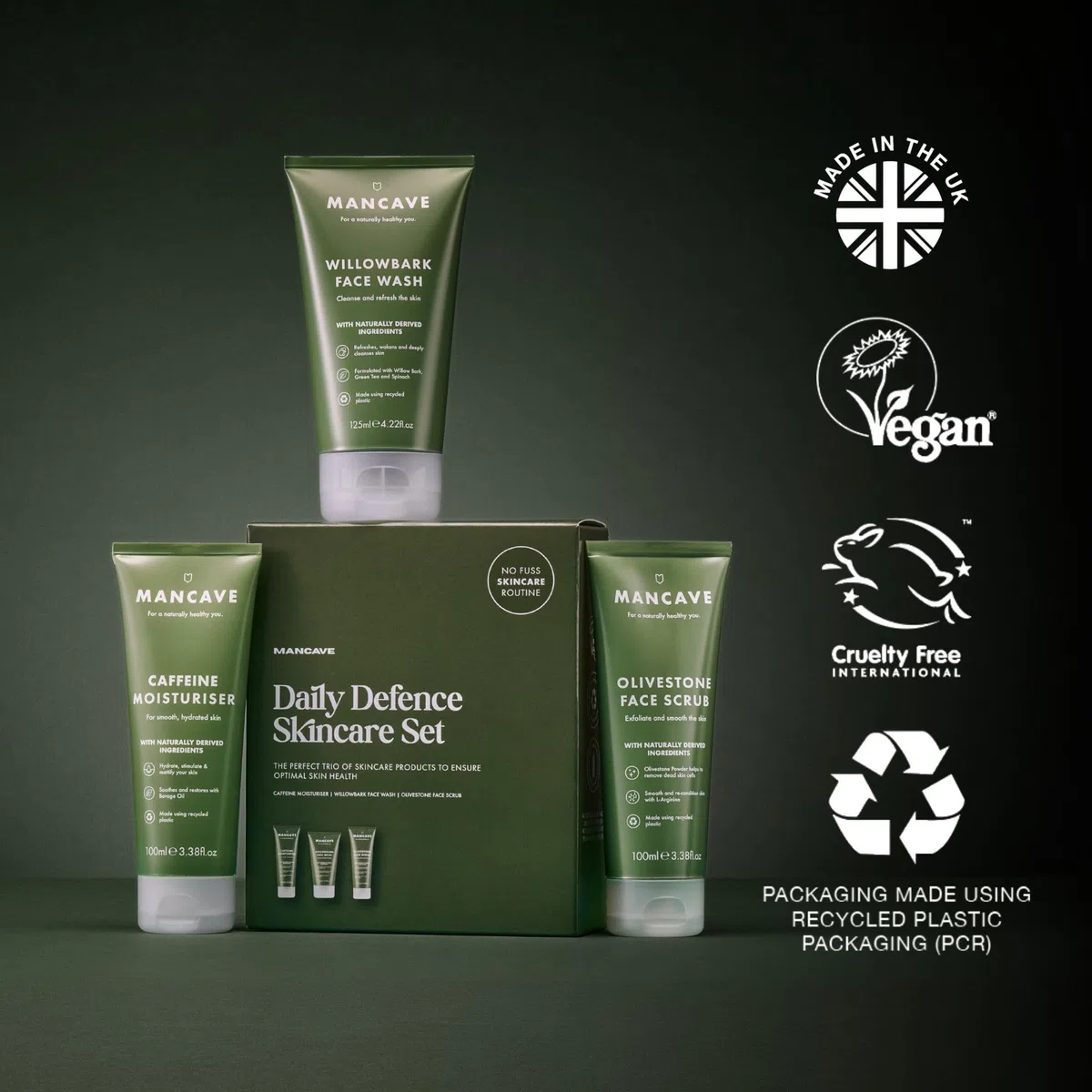 ManCave Gesichtspflege Set Herren 3-Teilig - Geschenkset Männer mit Waschgel, Peeling & Feuchtigkeitscreme - Natürliche Hautpflege Männer - Vegan - Pflegeset Geschenk