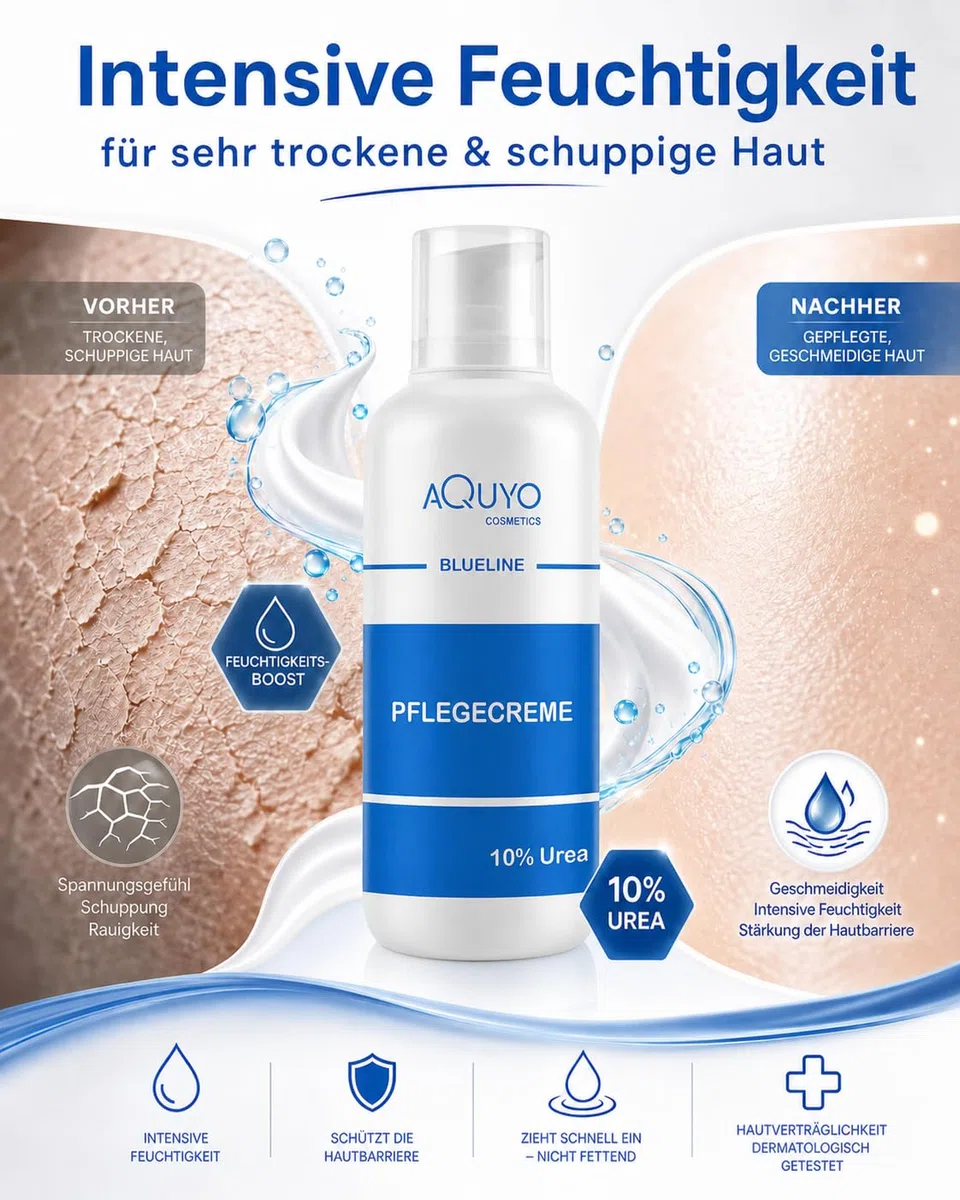Blueline 10% Urea Creme für sehr trockene Haut (3x 500ml) | Körpercreme bei Psoriasis oder Neurodermitis, Pflegecreme gegen Juckreiz, Hautpflege für Hautunreinheiten und Ausschlag