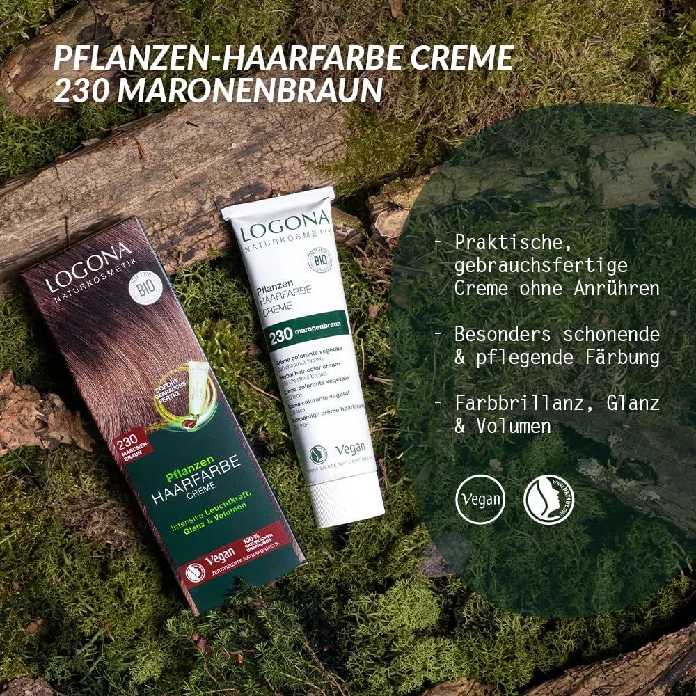 LOGONA Naturkosmetik Pflanzen-Haarfarbe Creme 230 Maronenbraun, Braune Natur mit Henna, vegane Farbcreme für eine dauerhafte Coloration, schonende Färbung für glänzendes Haar, 150ml (Packung mit 2)