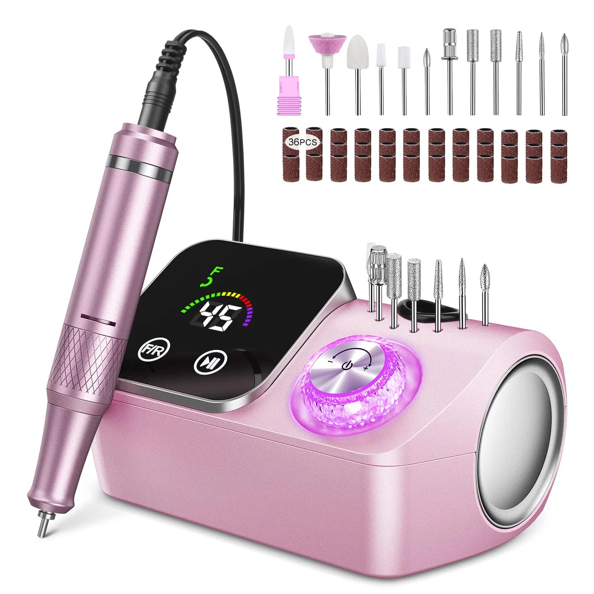 Elektrischer Nagelfeile Nagelfräser für Gelnägel, 45000 U/min Nagelfräser Professioneller mit LCD-Anzeige, Maniküre Pediküre Set mit Multifunktionale Basis und Touch-Button-Steuerung (Rosa)