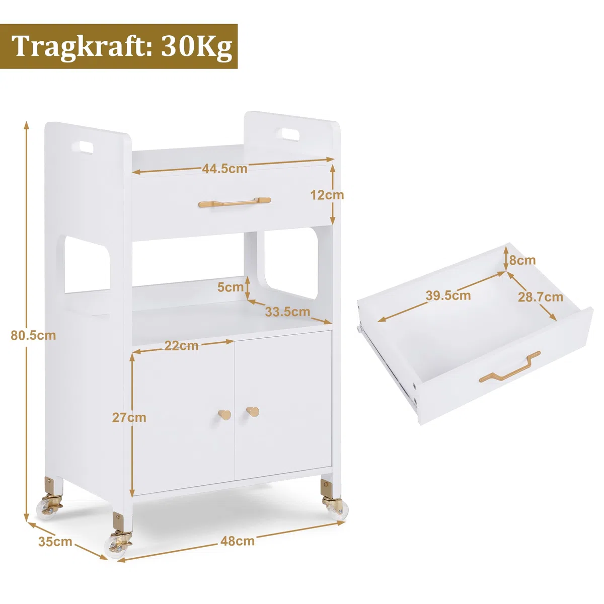 M MCombo Servierwagen mit Rollen & Schubladen, Rollwagen Friseurwagen Weiß, Salon Trolley 35x48x80,5 cm