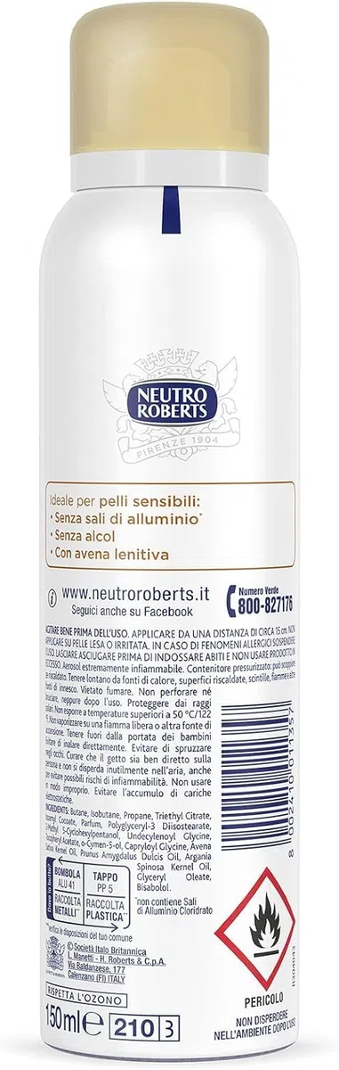 12X Neutro Roberts Deodorant Spray Pelle Sensibile, mit beruhigendem Hafer und Milch, 48h Schutz, ohne Aluminiumsalze und Alkohol, 150ml,+ Italy Shop Service Kostenloser Schlüsselanhänger