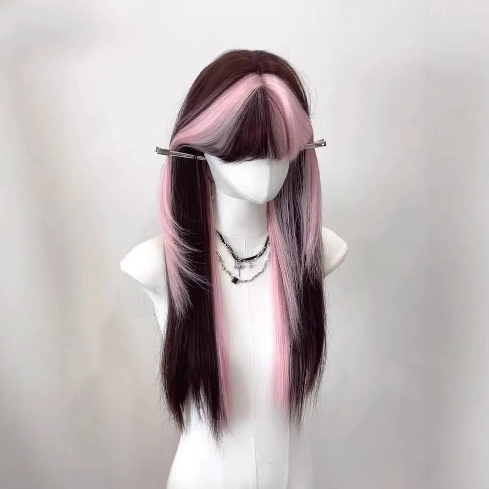 Haarpflege Ombre Rosa Braune Perücke Für Frauen Süße Perücke Mit Pony Hochtemperaturfaser-Perücken Stirnband-Perücken Für Cosplay