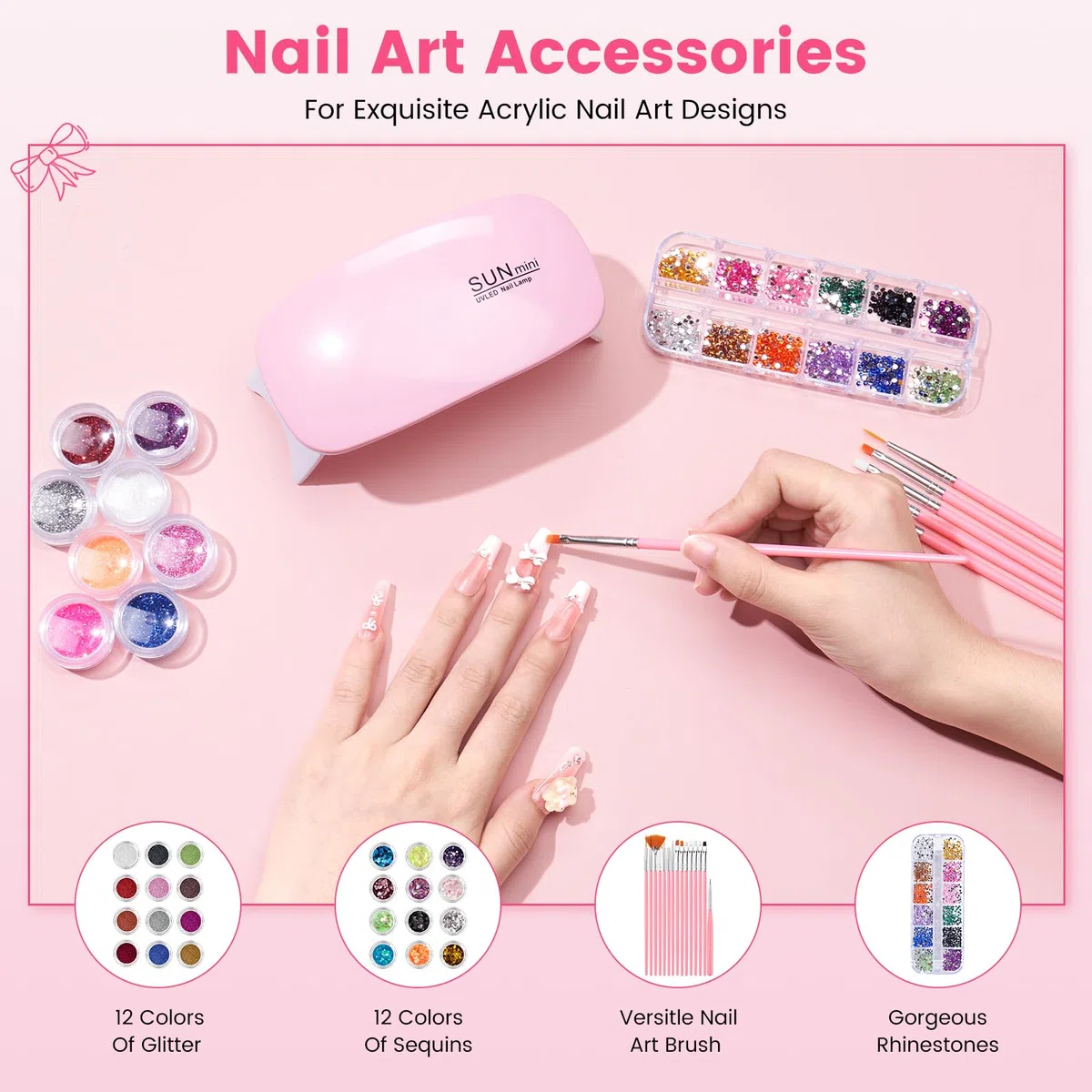Acryl-Nagel-Set für Anfänger mit allem: Nagel-Acrylpulver-Flüssigkeitsset mit 3 Übungsfingern, Bohrer, UV-Lampe – Nagelkunst-Starter-Kits in rosa Tasche für Frauen, Mädchen, Zuhause, Salon, DIY