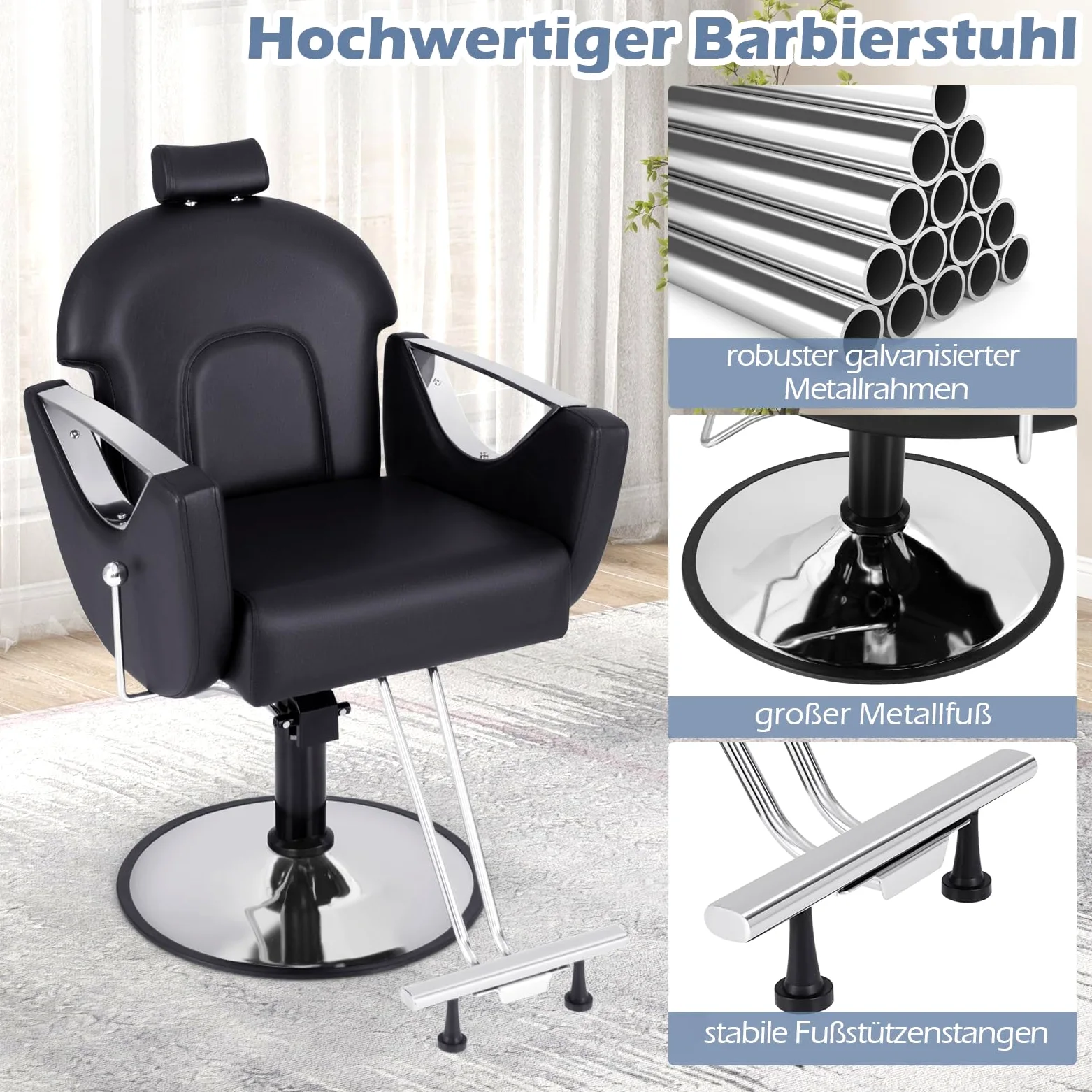 COSTWAY Friseurstuhl höhenverstellbar 360° drehbar mit Kopfstütze & Hydraulikpumpe bis 150kg belastbar schwarz