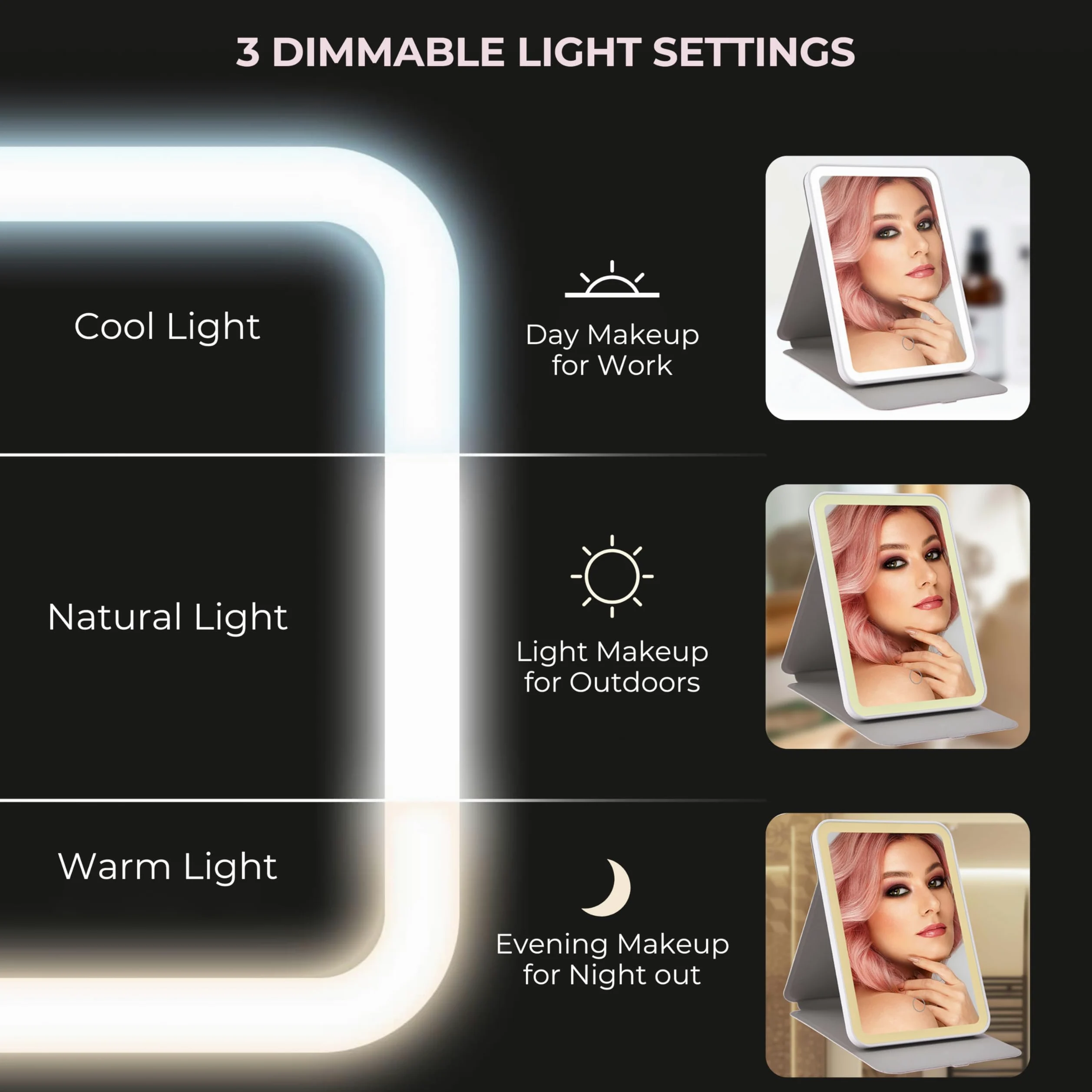 Beleuchteter Reise-Make-up-Spiegel, tragbarer LED-Schminkspiegel mit Lichtern, 3 Farben, Touchscreen, dimmbare Helligkeit, wiederaufladbar, faltbar, kompakt, Beauty-Spiegel für Schreibtisch