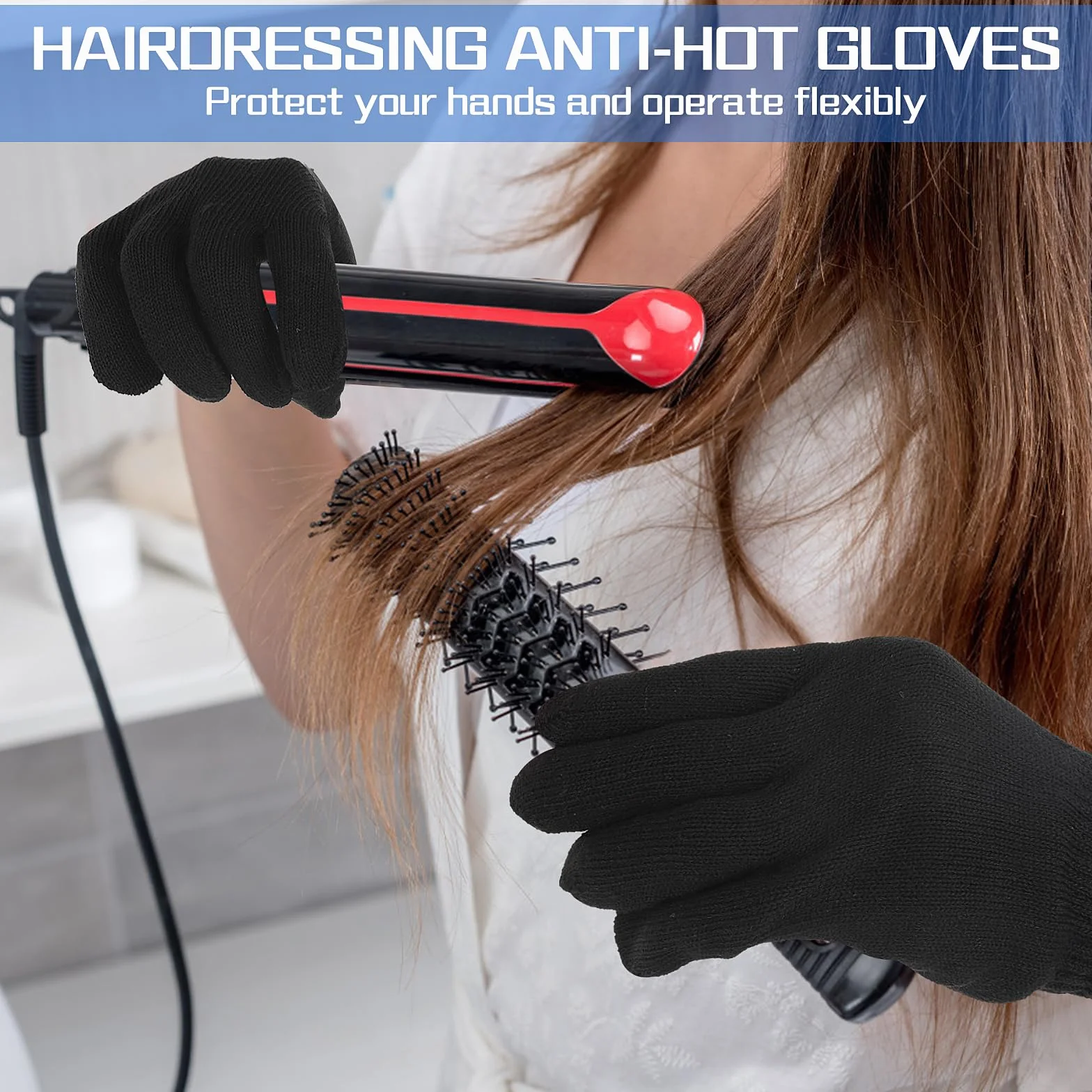 Professioneller hitzebeständiger Handschuh für Haarstyling, Lockenstäbe, 2-teilig, Blauer Rand