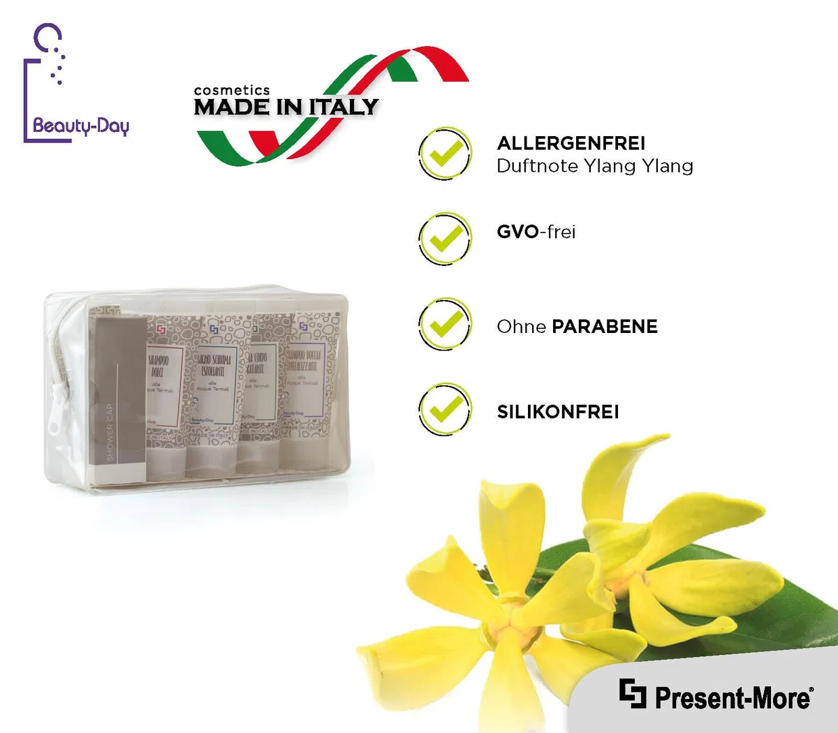 Present-More Amenities Kit Beauty-Day Italy - Welcome Gift Toilettenartikel 24 Gäste für Hotels und B&B | Allergenfreie Amenities Kit mit Duftnote Ylang Ylang